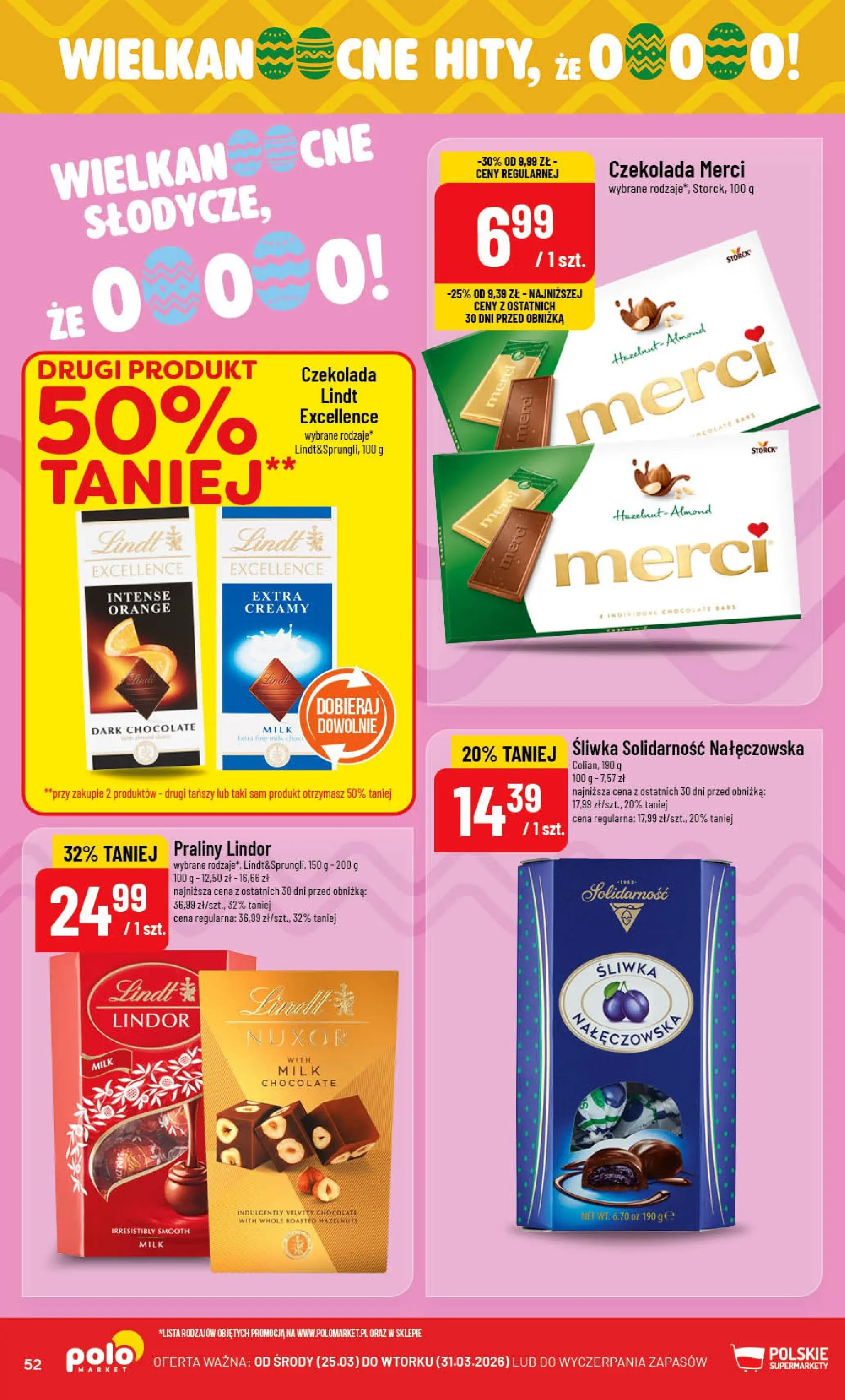 Nowa POLOmarket gazetka od jutra 25.03.2026 | Strona: 52 | Produkty: Czekolada merci, Praliny, Merci, Czekolada