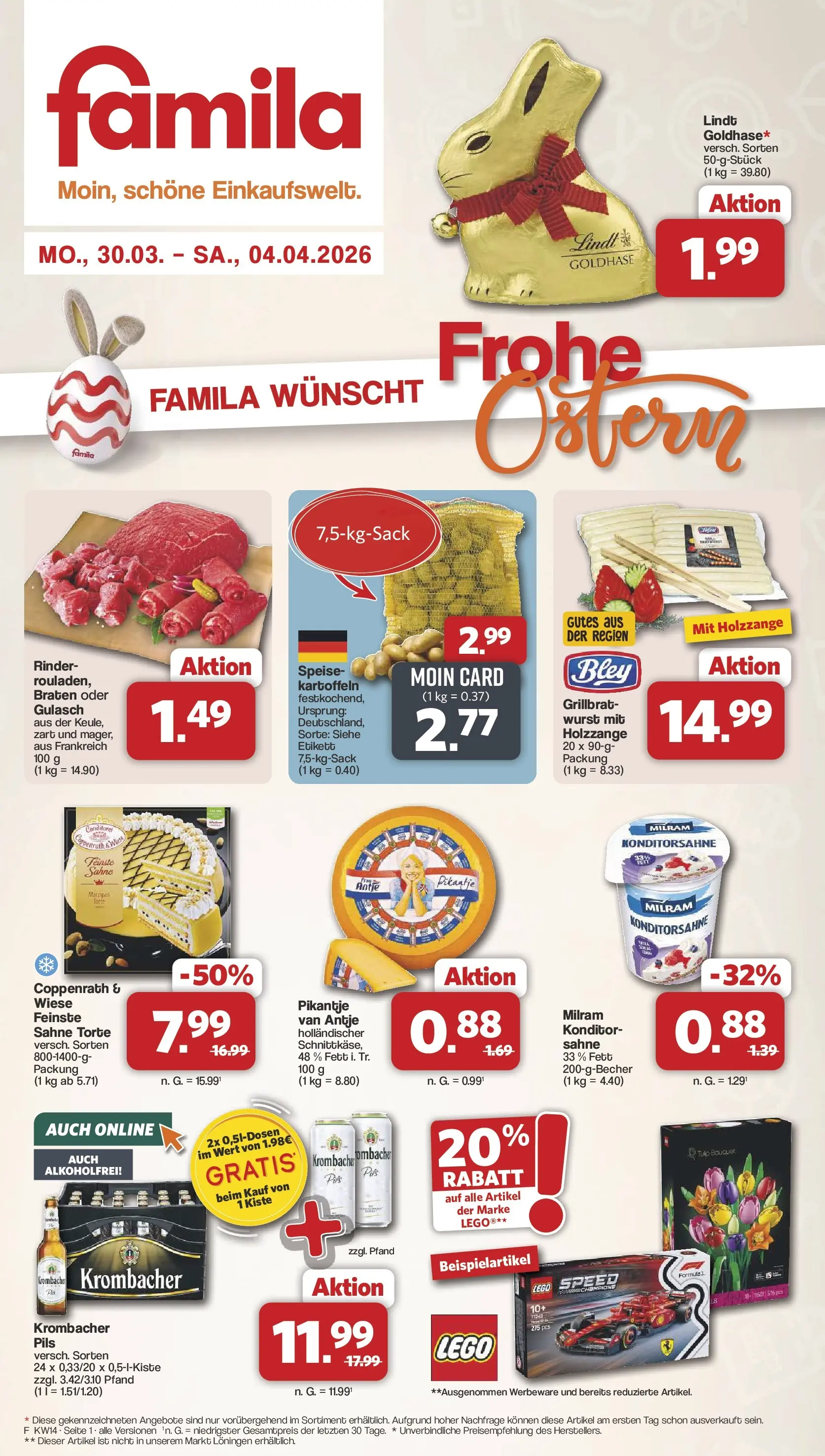 Famila Nordwest Wochenangebote (ab 30.03.2026) zum Blättern | Seite: 1 | Produkte: Kartoffeln, Milram, Wurst, Lindt