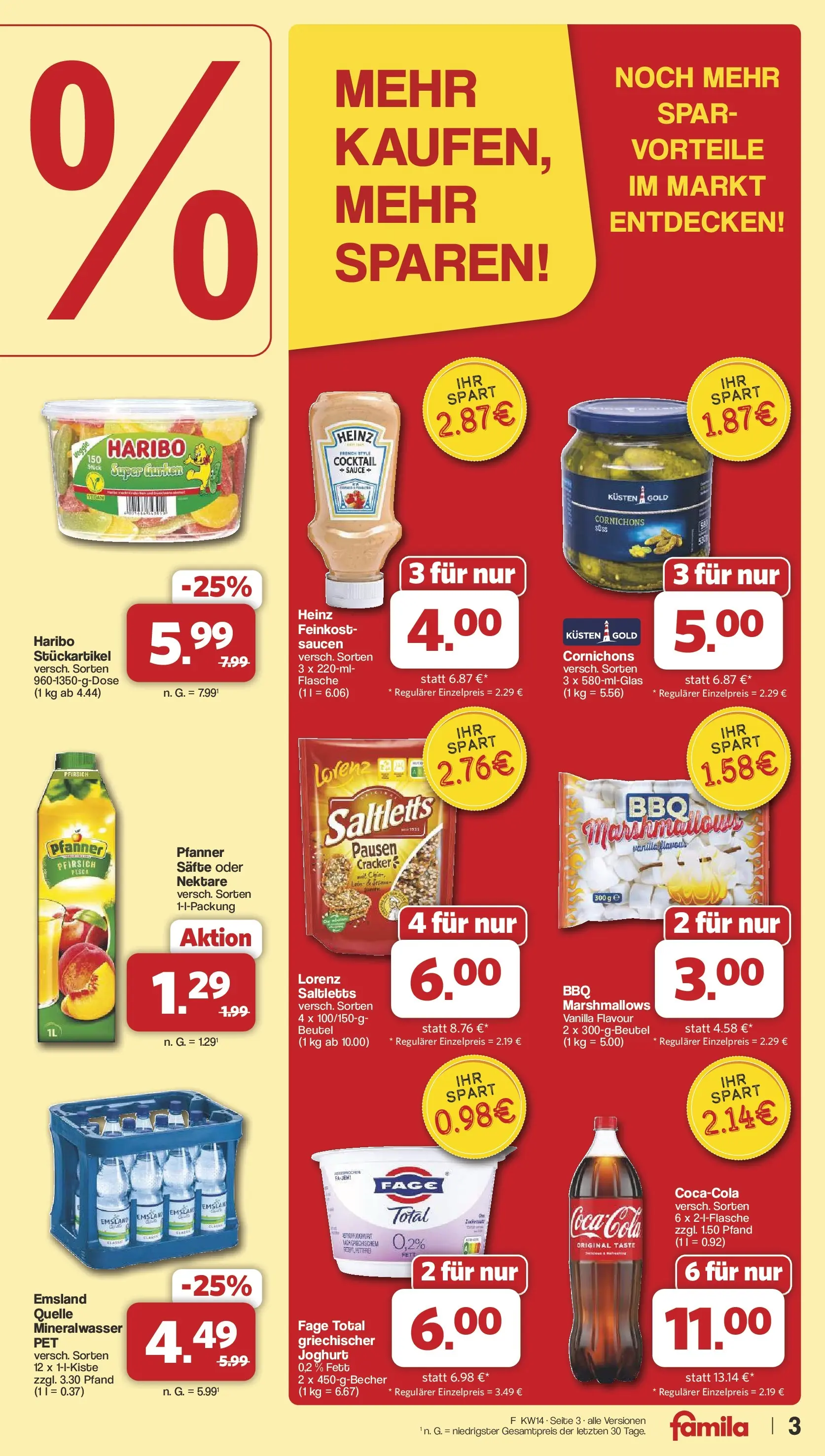 Famila Nordwest Wochenangebote (ab 30.03.2026) zum Blättern | Seite: 3 | Produkte: Haribo, Joghurt, Mineralwasser, Pfirsich