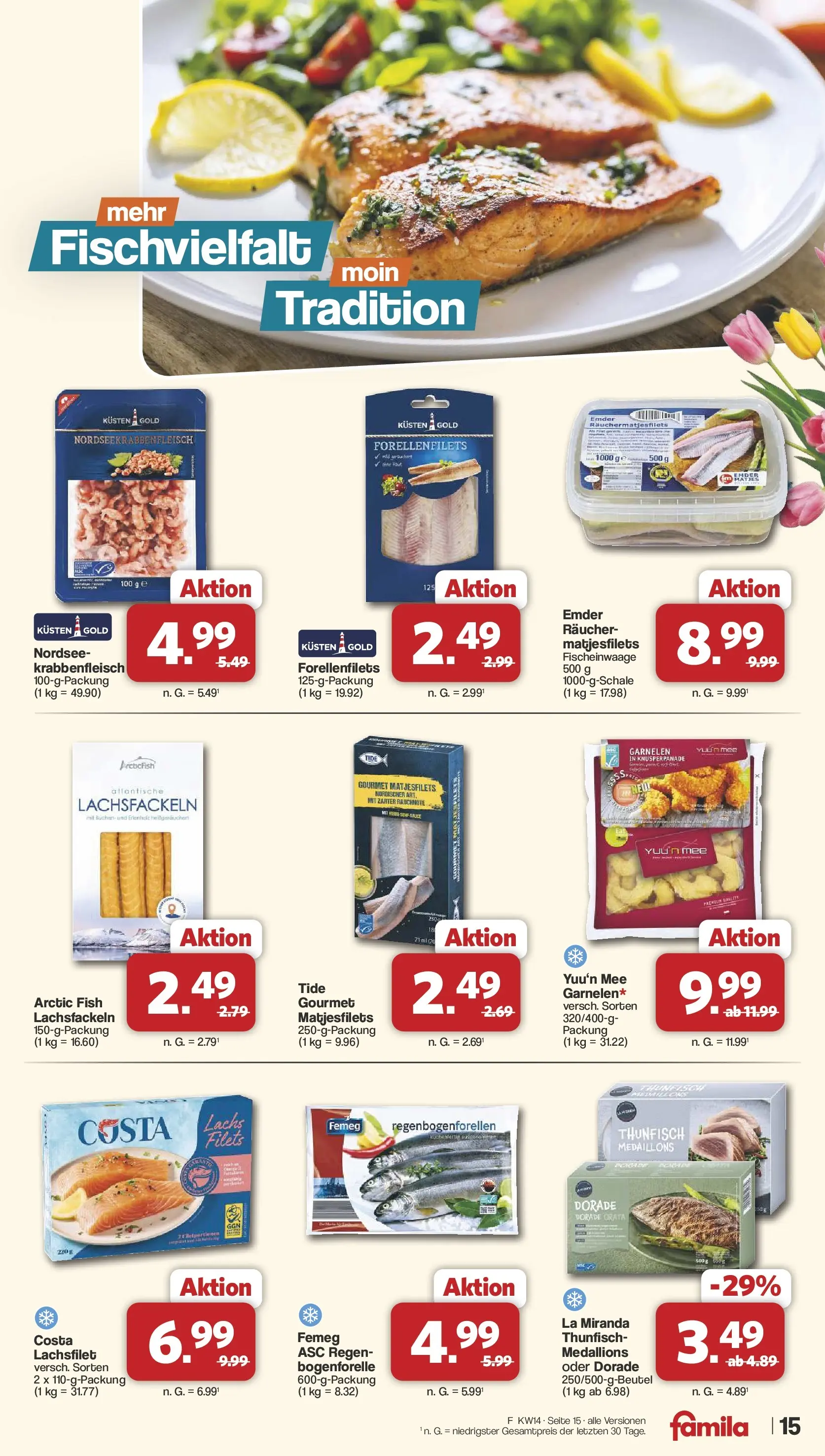 Famila Nordwest Wochenangebote (ab 30.03.2026) zum Blättern | Seite: 15 | Produkte: Dorade, Thunfisch, Garnelen, Lachs