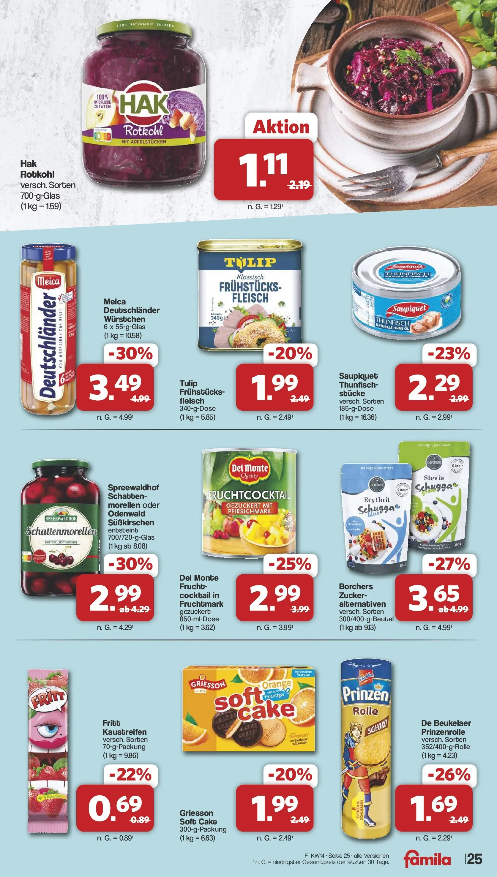 Famila Nordwest Wochenangebote (ab 30.03.2026) zum Blättern | Seite: 25 | Produkte: Rotkohl, Öl, Meica, Fleisch