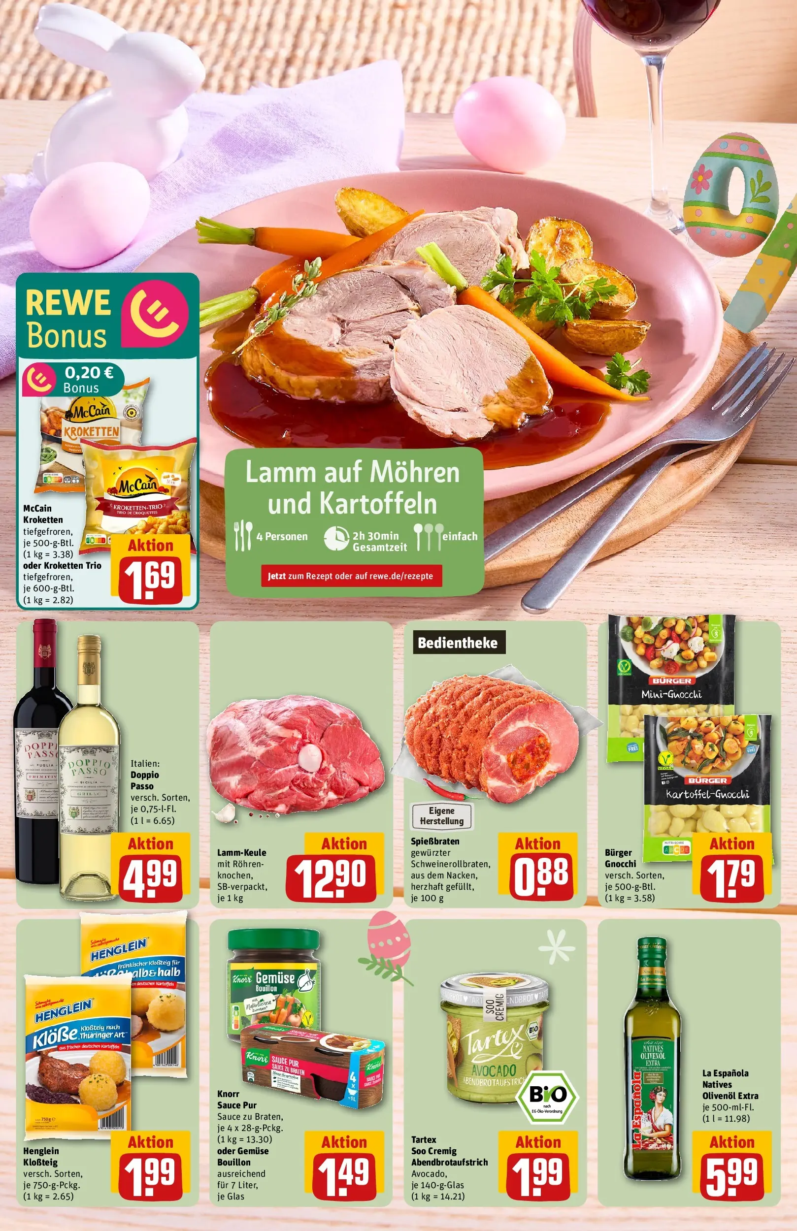 REWE Prospekt ab 29.03.2026 zum Blättern » Angebote | Seite: 6 | Produkte: Lammkeule, Burger, Knorr, Avocado