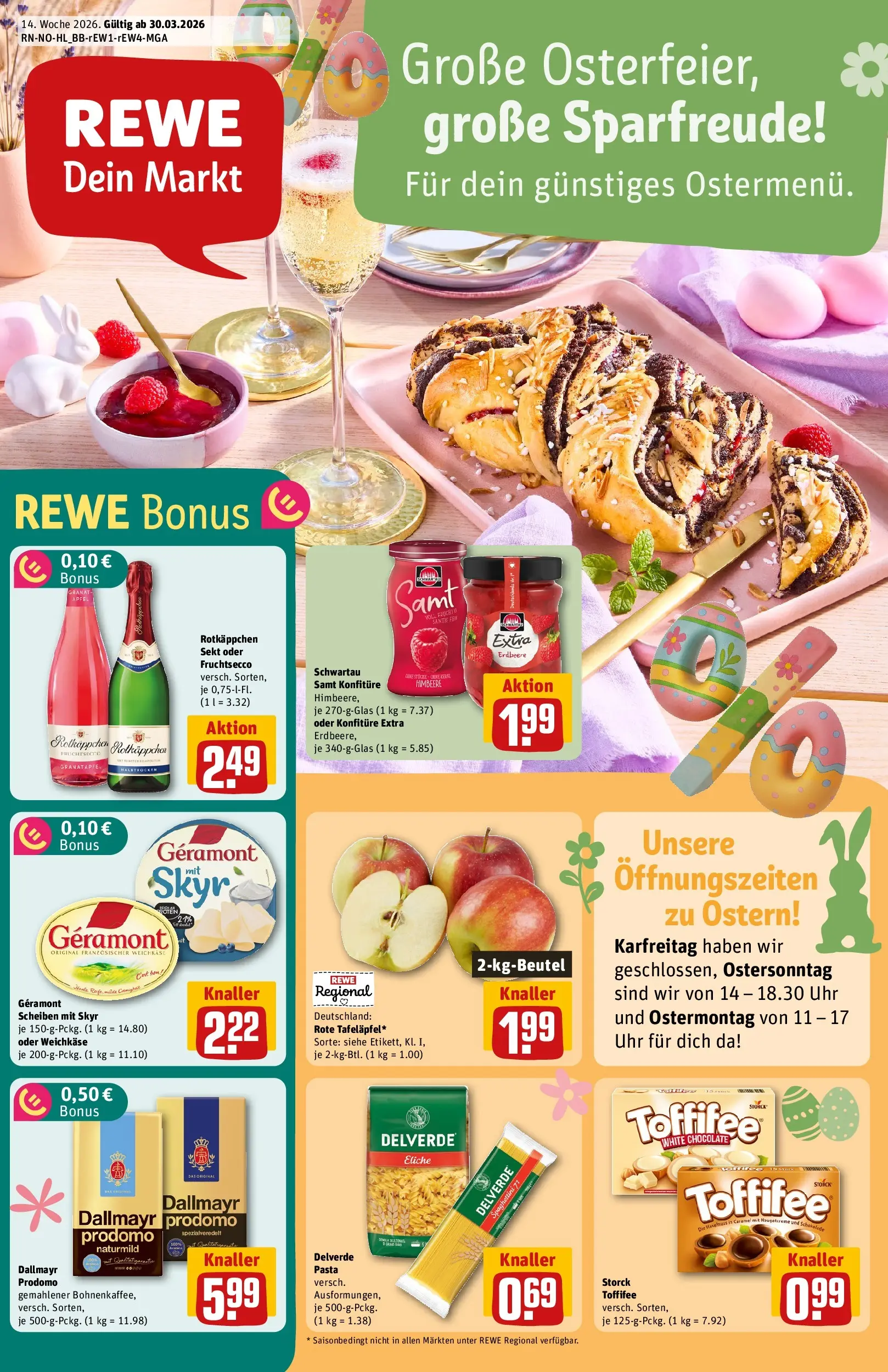 REWE Prospekt ab 29.03.2026 zum Blättern » Angebote | Seite: 1 | Produkte: Granatapfel, Sekt, Rotkäppchen, Pasta