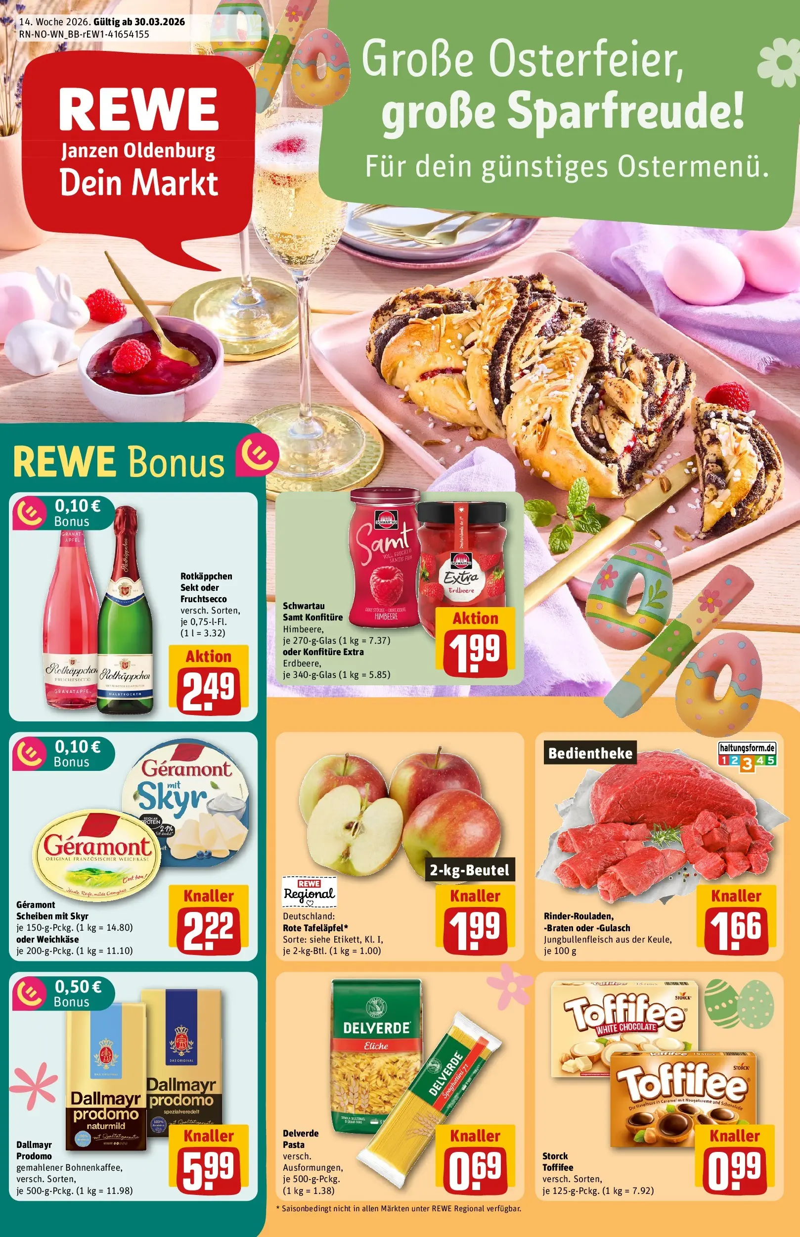 REWE Prospekt ab 30.03.2026 zum Blättern » Angebote | Seite: 1 | Produkte: Schwartau samt, Sekt, Skyr, Pasta