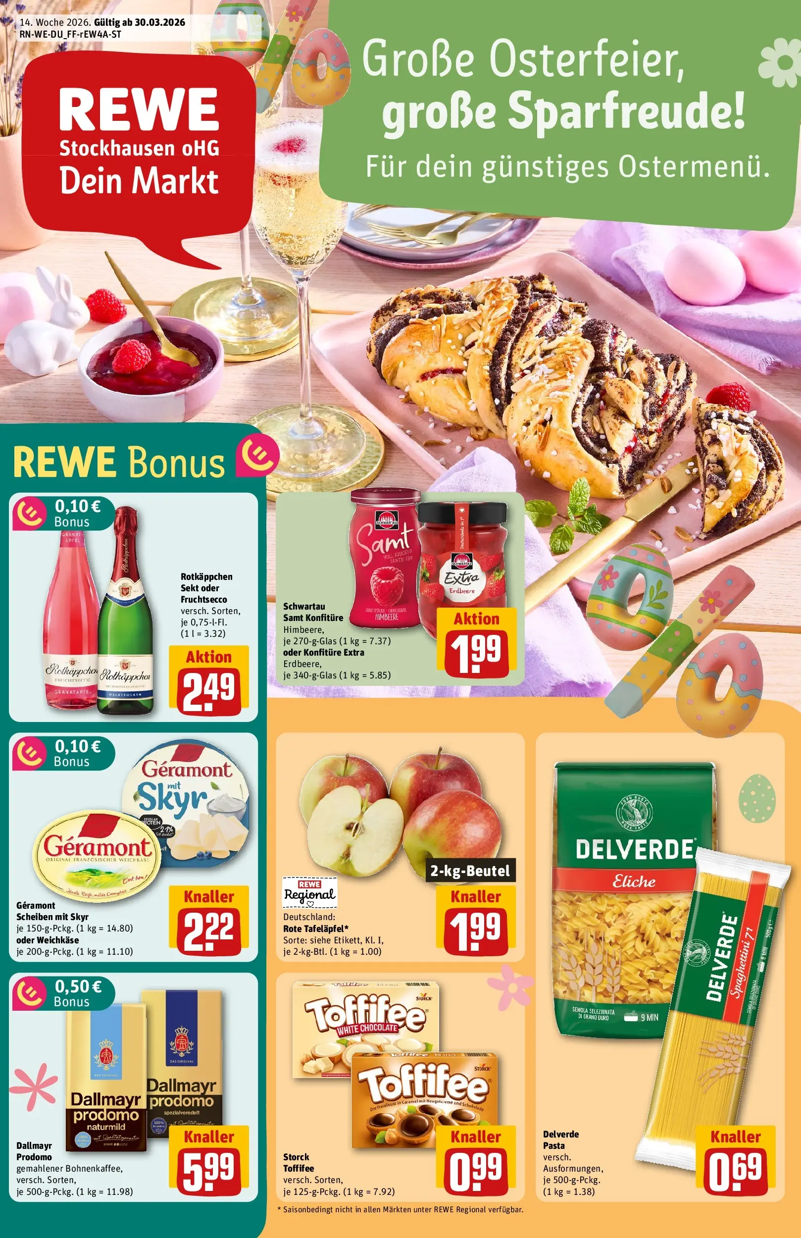 REWE Prospekt ab 30.03.2026 zum Blättern » Angebote | Seite: 1 | Produkte: Himbeere, Rotkäppchen, Pasta, Dallmayr prodomo