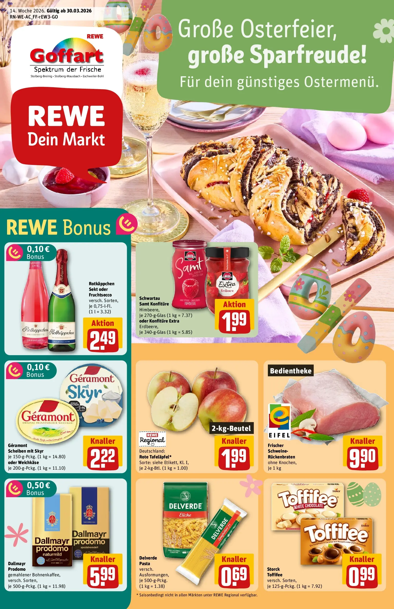 REWE Prospekt ab 30.03.2026 zum Blättern » Angebote | Seite: 1 | Produkte: Skyr, Dallmayr, Toffifee, Rotkäppchen