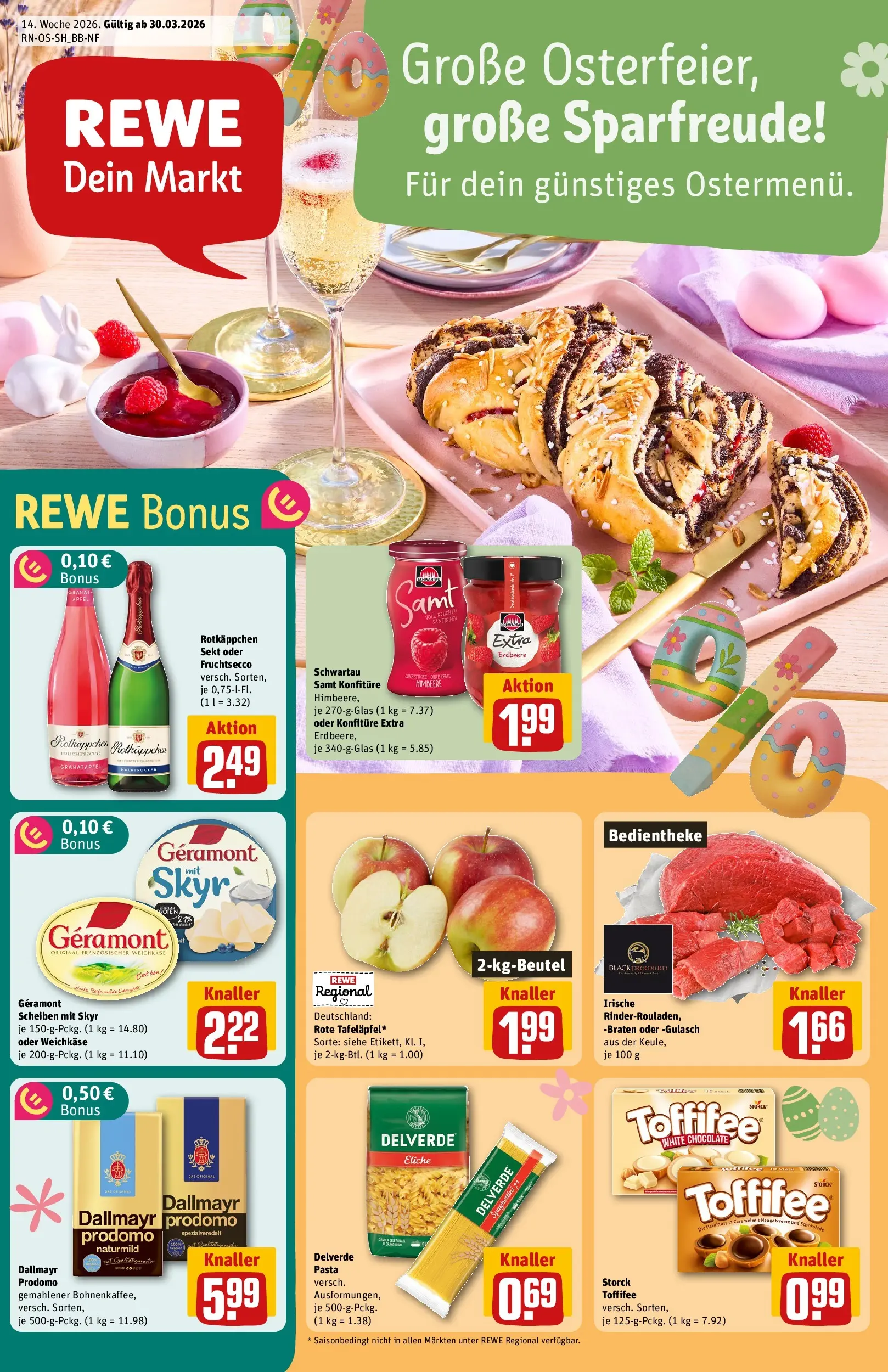 REWE Prospekt ab 29.03.2026 zum Blättern » Angebote | Seite: 1 | Produkte: Äpfel, Fruchtsecco, Dallmayr, Toffifee