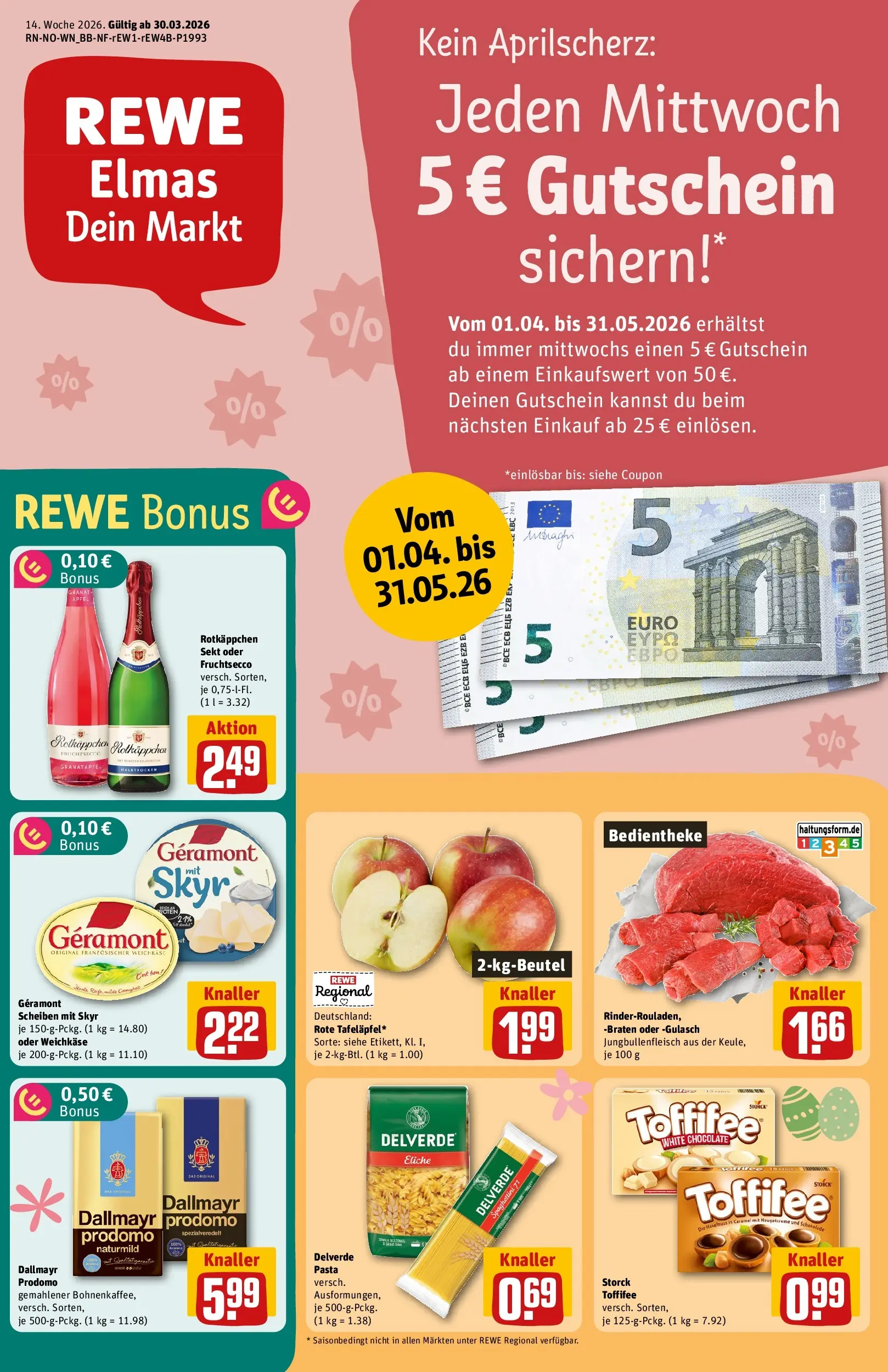 REWE Prospekt ab 30.03.2026 zum Blättern » Angebote | Seite: 1 | Produkte: Rotkappchen sekt, Granatapfel, Sekt, Dallmayr prodomo