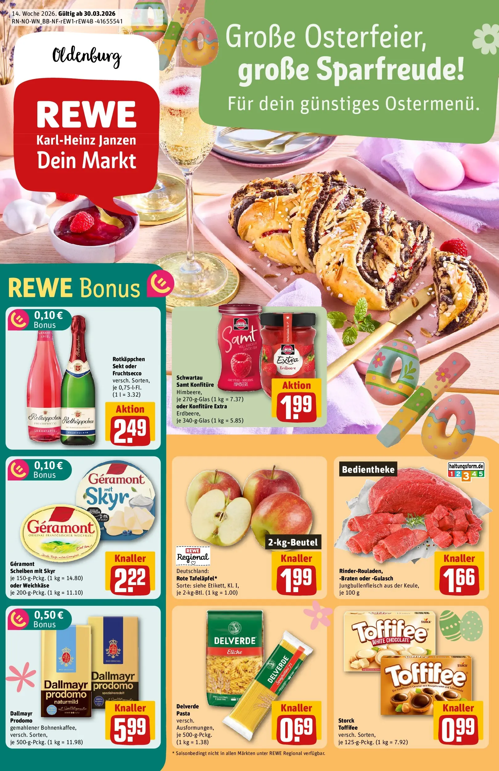 REWE Prospekt ab 30.03.2026 zum Blättern » Angebote | Seite: 1 | Produkte: Geramont, Mixer, Fruchtsecco, Rotkäppchen