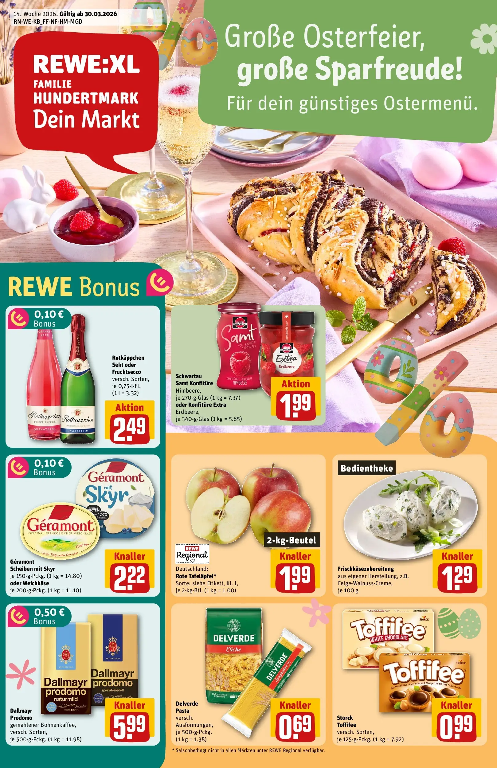 REWE Prospekt ab 30.03.2026 zum Blättern » Angebote | Seite: 1 | Produkte: Granatapfel, Äpfel, Toffifee, Dallmayr prodomo
