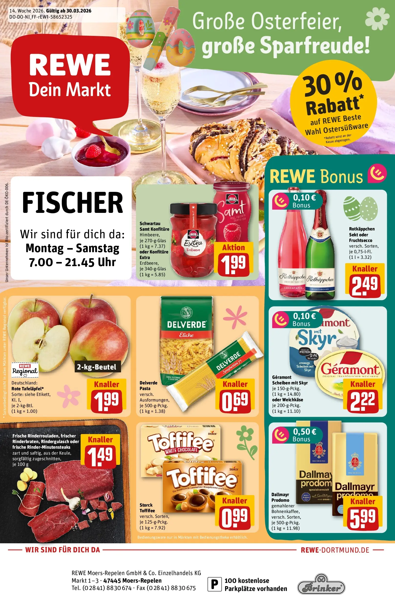 REWE Prospekt ab 30.03.2026 zum Blättern » Angebote | Seite: 1 | Produkte: Rindergulasch, Schwartau samt, Pasta, Uhr
