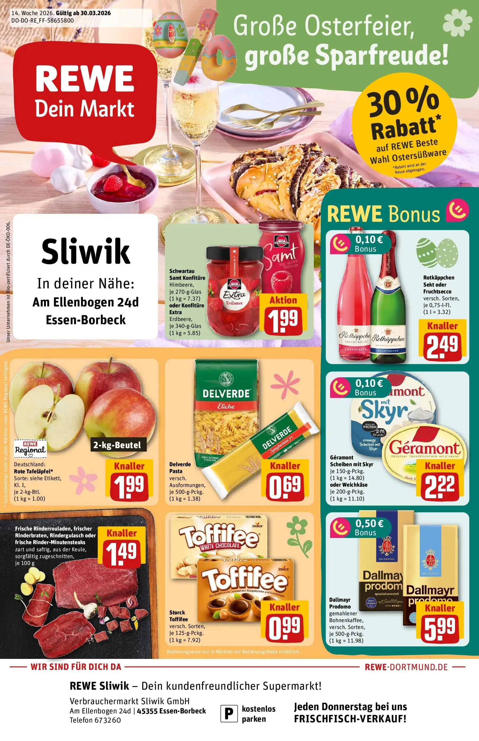REWE Prospekt ab 30.03.2026 zum Blättern » Angebote | Seite: 1 | Produkte: Granatapfel, Skyr, Rotkäppchen, Telefon