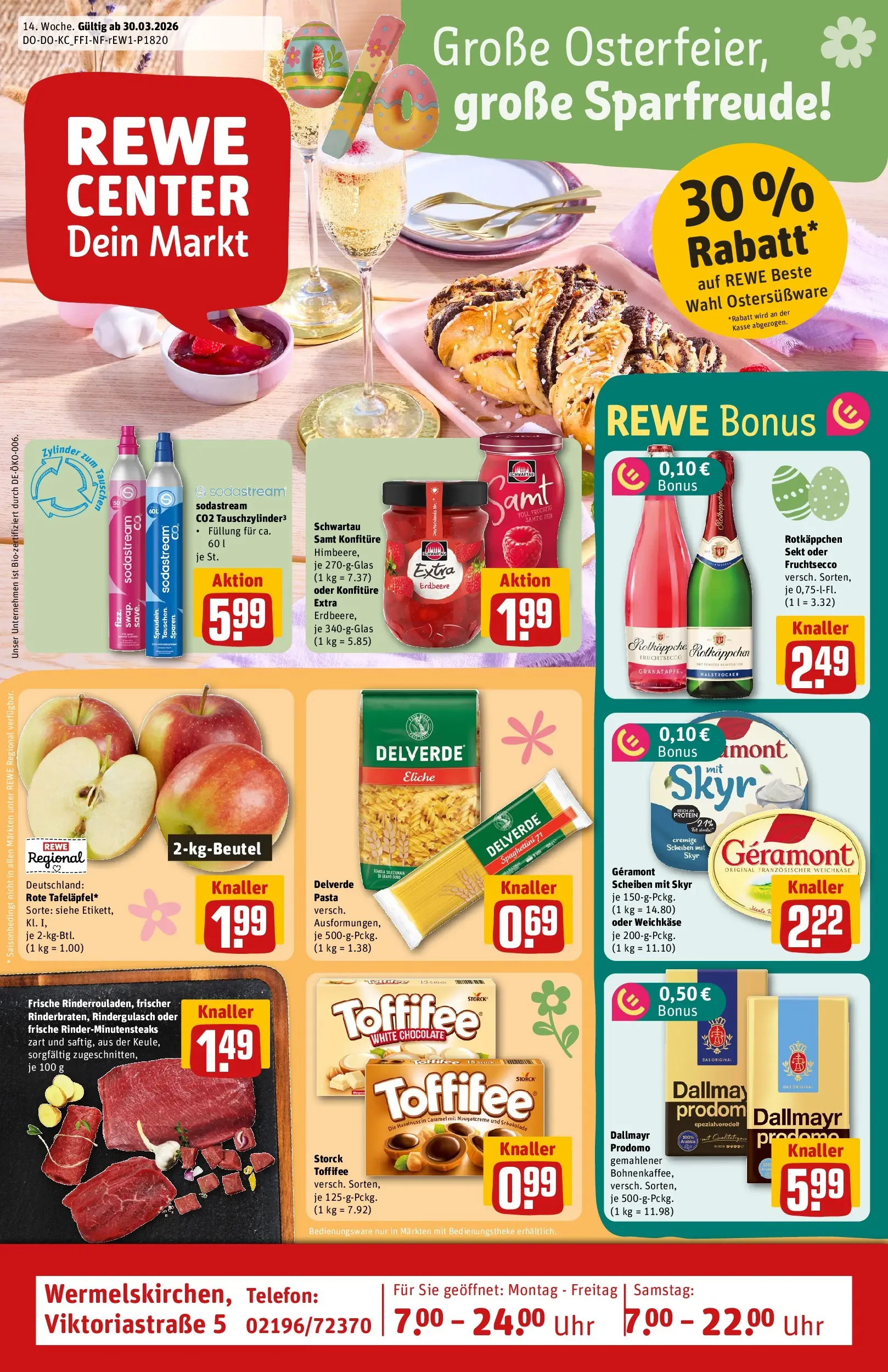 REWE Prospekt ab 30.03.2026 zum Blättern » Angebote | Seite: 1 | Produkte: Granatapfel, Schokolade, Skyr, Sodastream