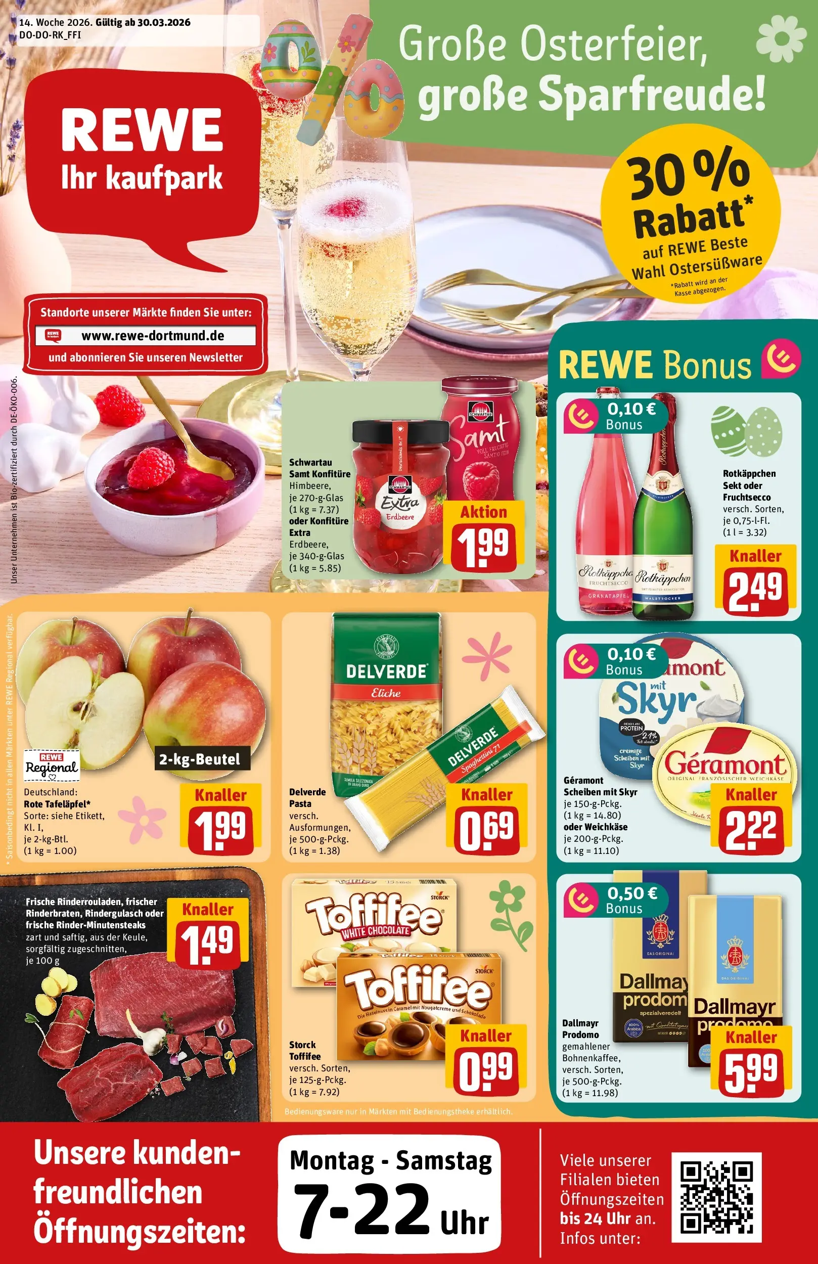 REWE Prospekt ab 30.03.2026 zum Blättern » Angebote | Seite: 1 | Produkte: Geramont, Granatapfel, Schwartau samt, Toffifee