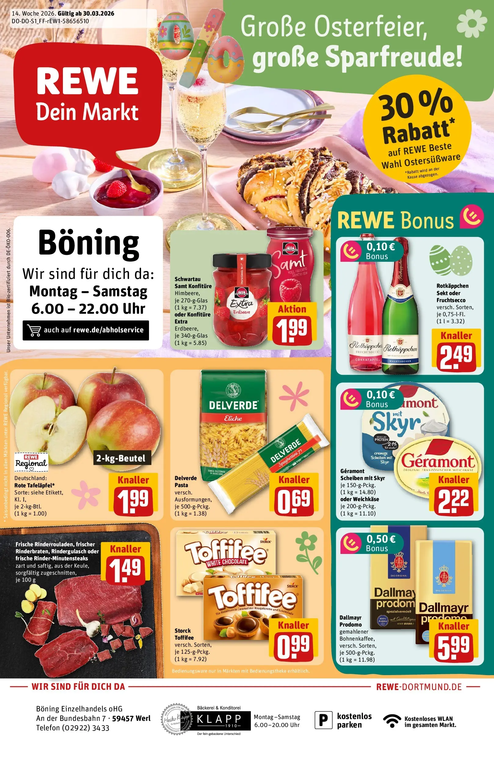 REWE Prospekt ab 30.03.2026 zum Blättern » Angebote | Seite: 1 | Produkte: Rotkappchen sekt, Granatapfel, Bäckerei, Pasta