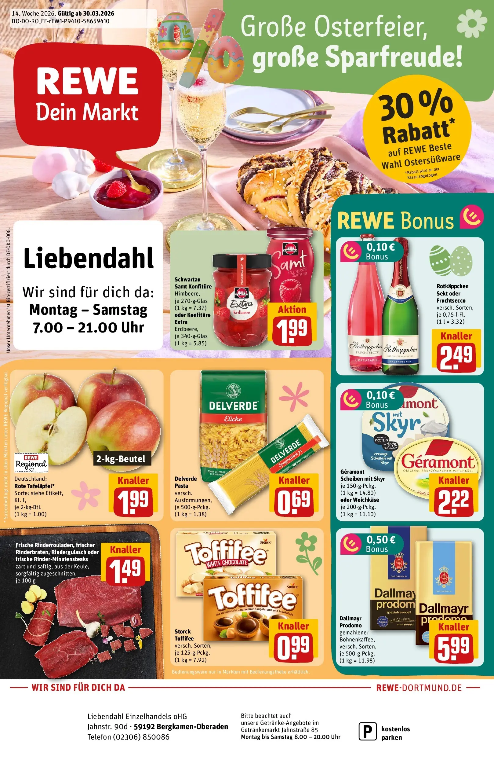 REWE Prospekt ab 30.03.2026 zum Blättern » Angebote | Seite: 1 | Produkte: Geramont, Granatapfel, Schokolade, Skyr