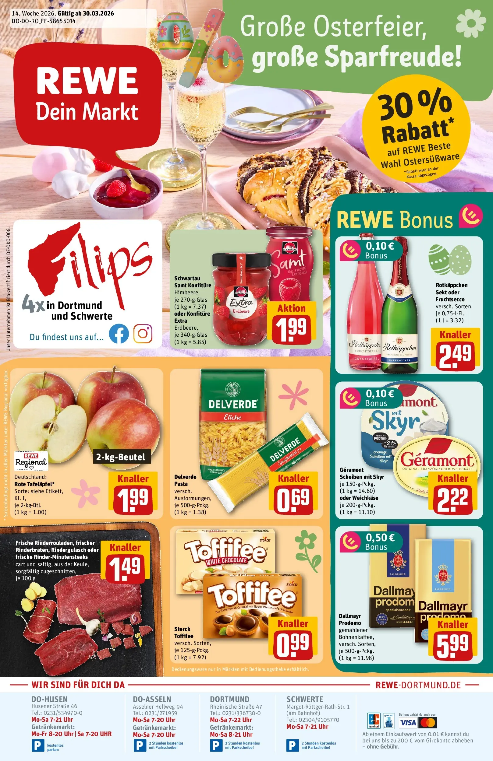 REWE Prospekt ab 30.03.2026 zum Blättern » Angebote | Seite: 1 | Produkte: Rotkappchen sekt, Skyr, Fruchtsecco, Uhr