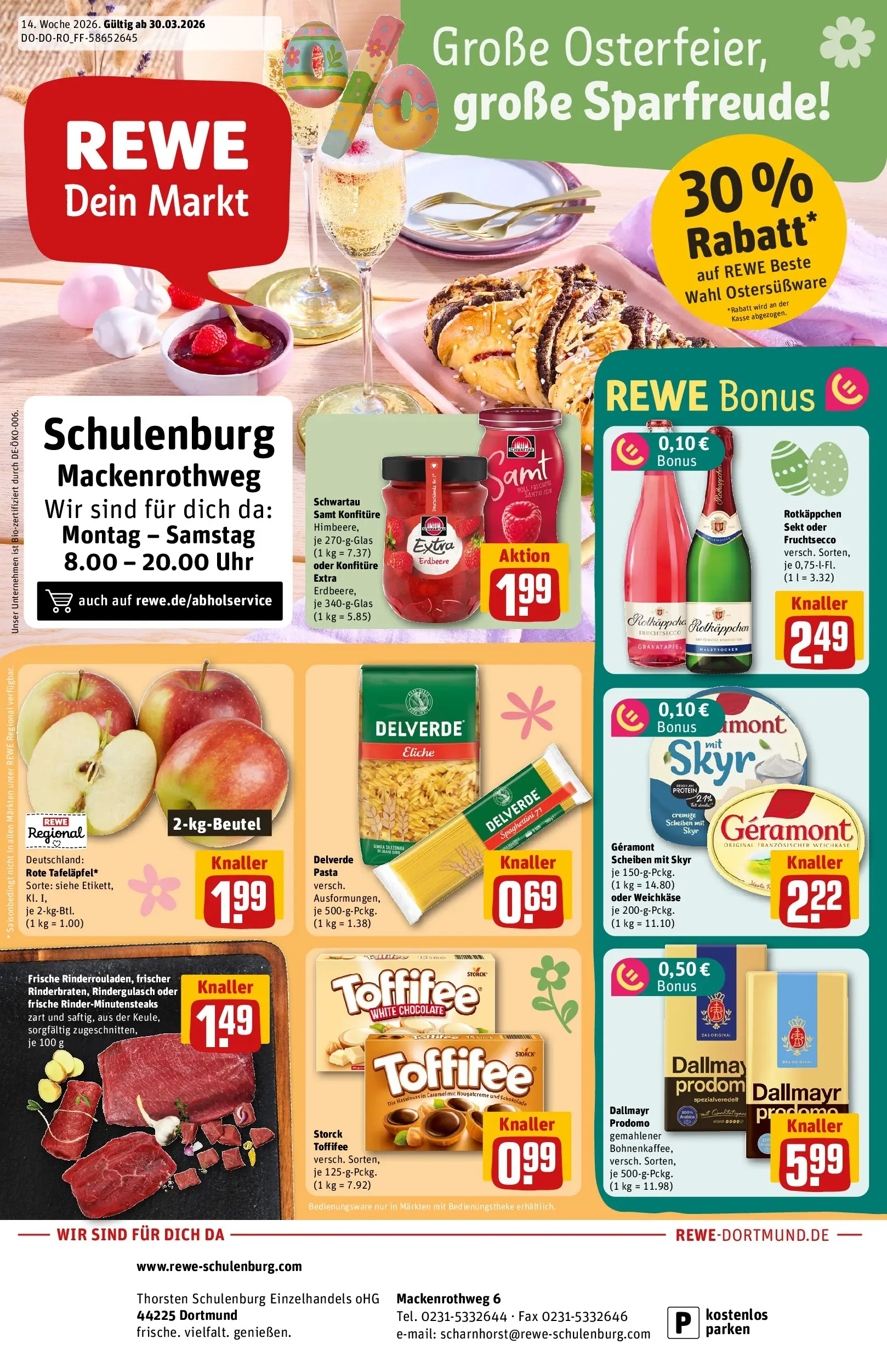 REWE Prospekt ab 30.03.2026 zum Blättern » Angebote | Seite: 1 | Produkte: Schwartau samt, Sekt, Fruchtsecco, Dallmayr