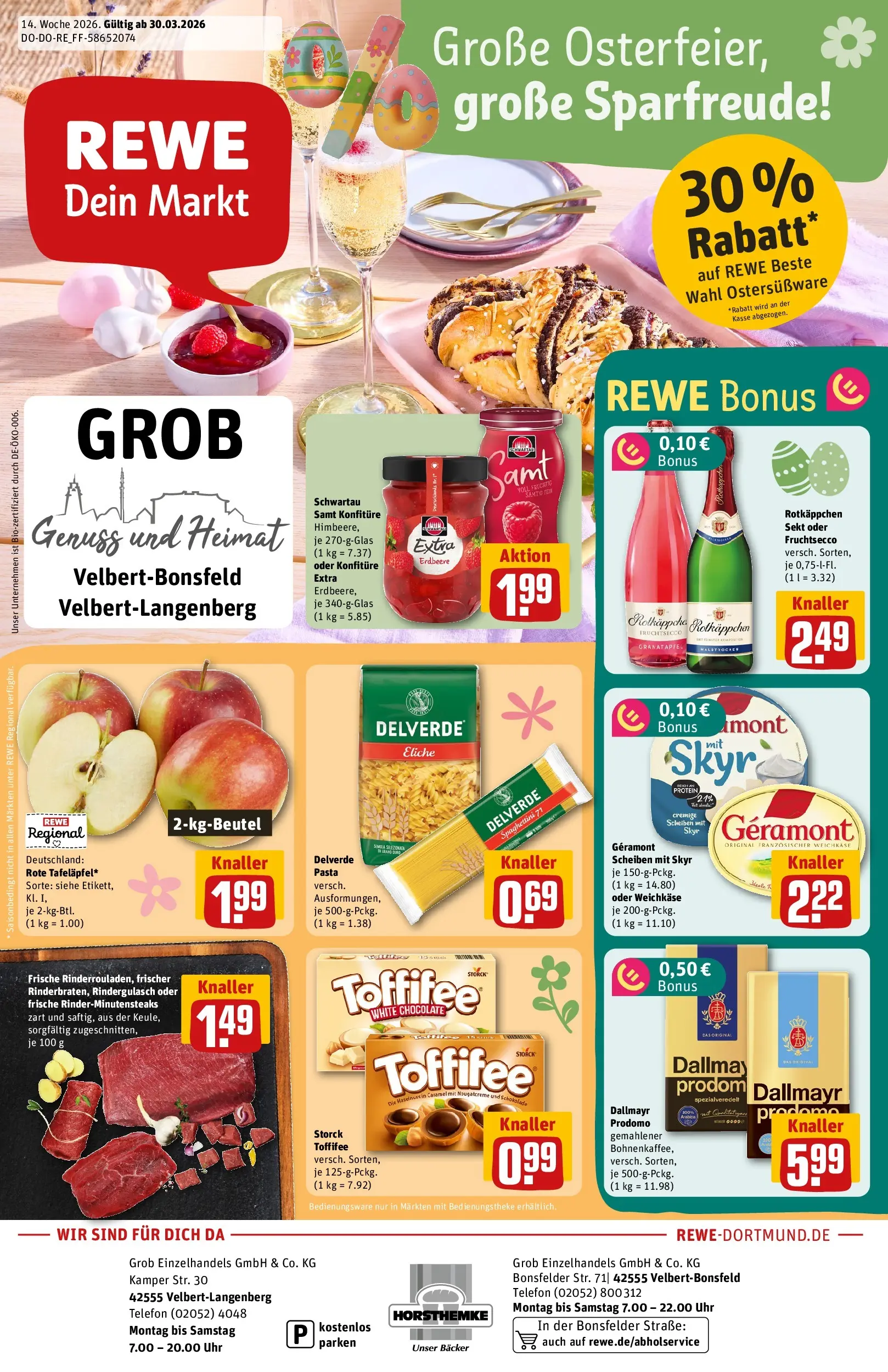 REWE Prospekt ab 30.03.2026 zum Blättern » Angebote | Seite: 1 | Produkte: Geramont, Schwartau samt, Fruchtsecco, Telefon