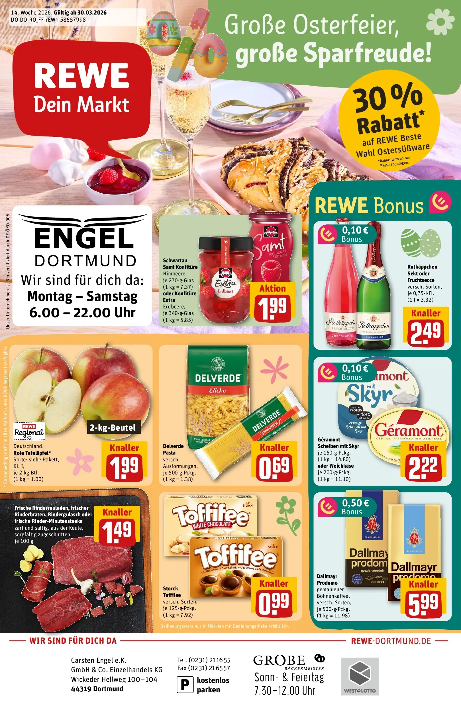 REWE Prospekt ab 30.03.2026 zum Blättern » Angebote | Seite: 1 | Produkte: Sekt, Fruchtsecco, Dallmayr, Rotkäppchen