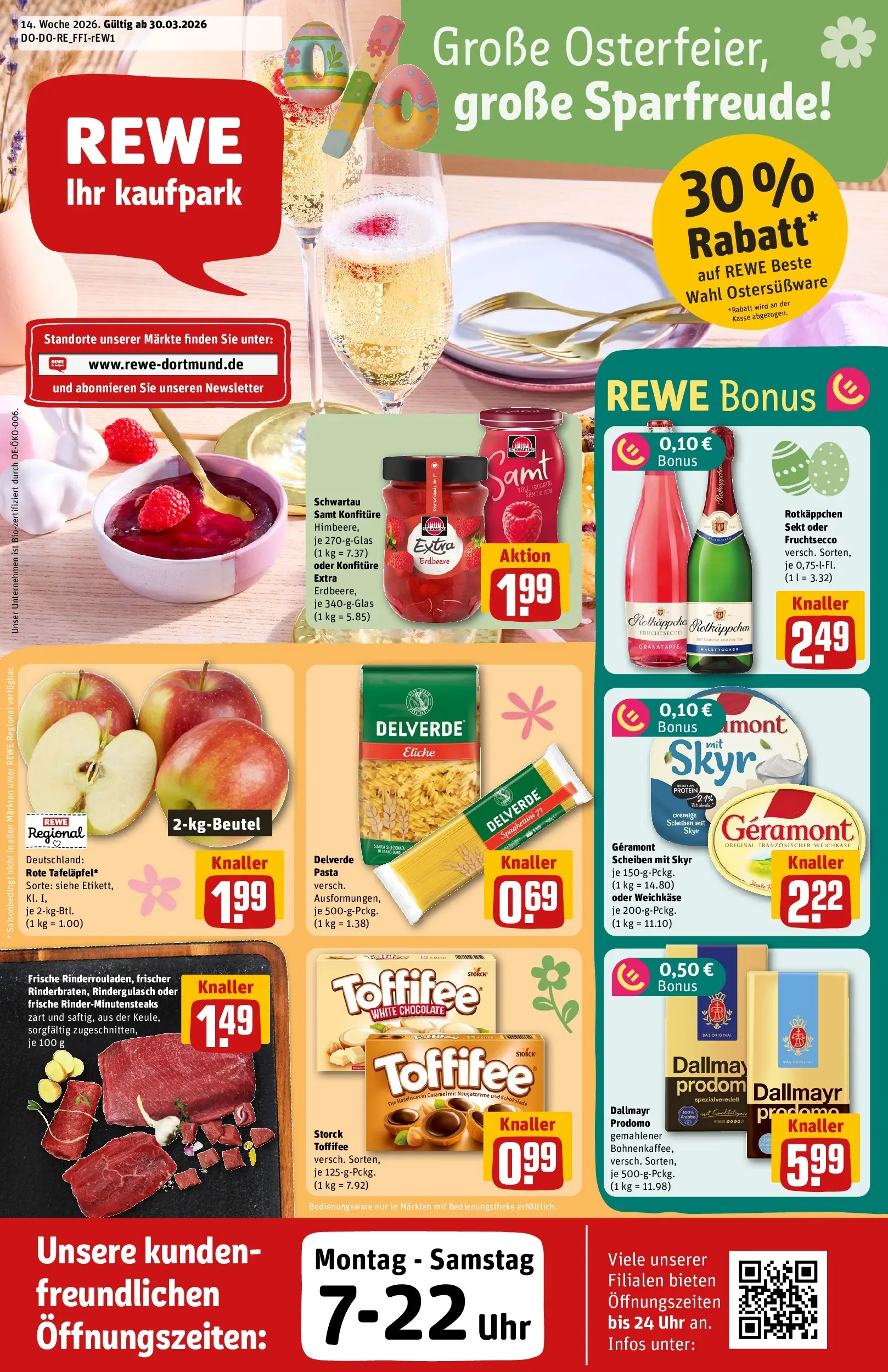 REWE Prospekt ab 30.03.2026 zum Blättern » Angebote | Seite: 1 | Produkte: Geramont, Sekt, Rotkäppchen, Pasta