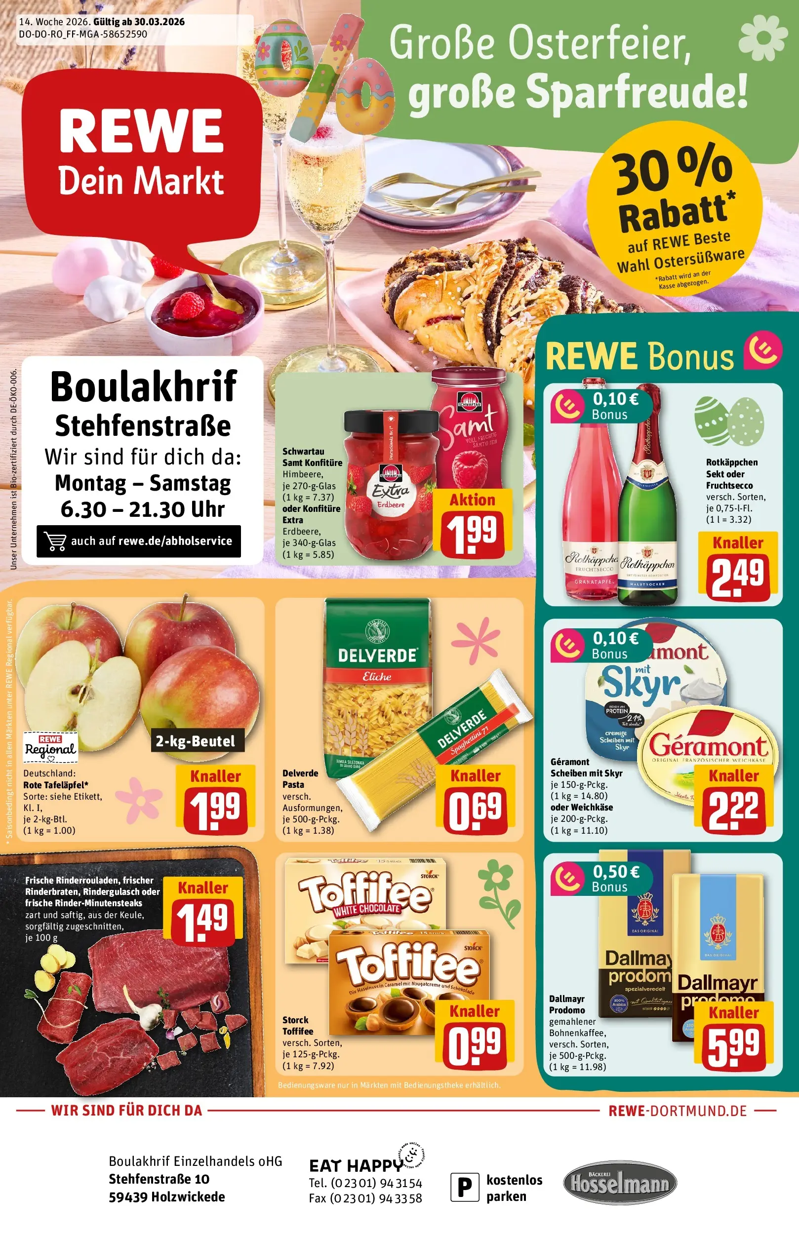 REWE Prospekt ab 30.03.2026 zum Blättern » Angebote | Seite: 1 | Produkte: Schwartau samt, Skyr, Toffifee, Uhr