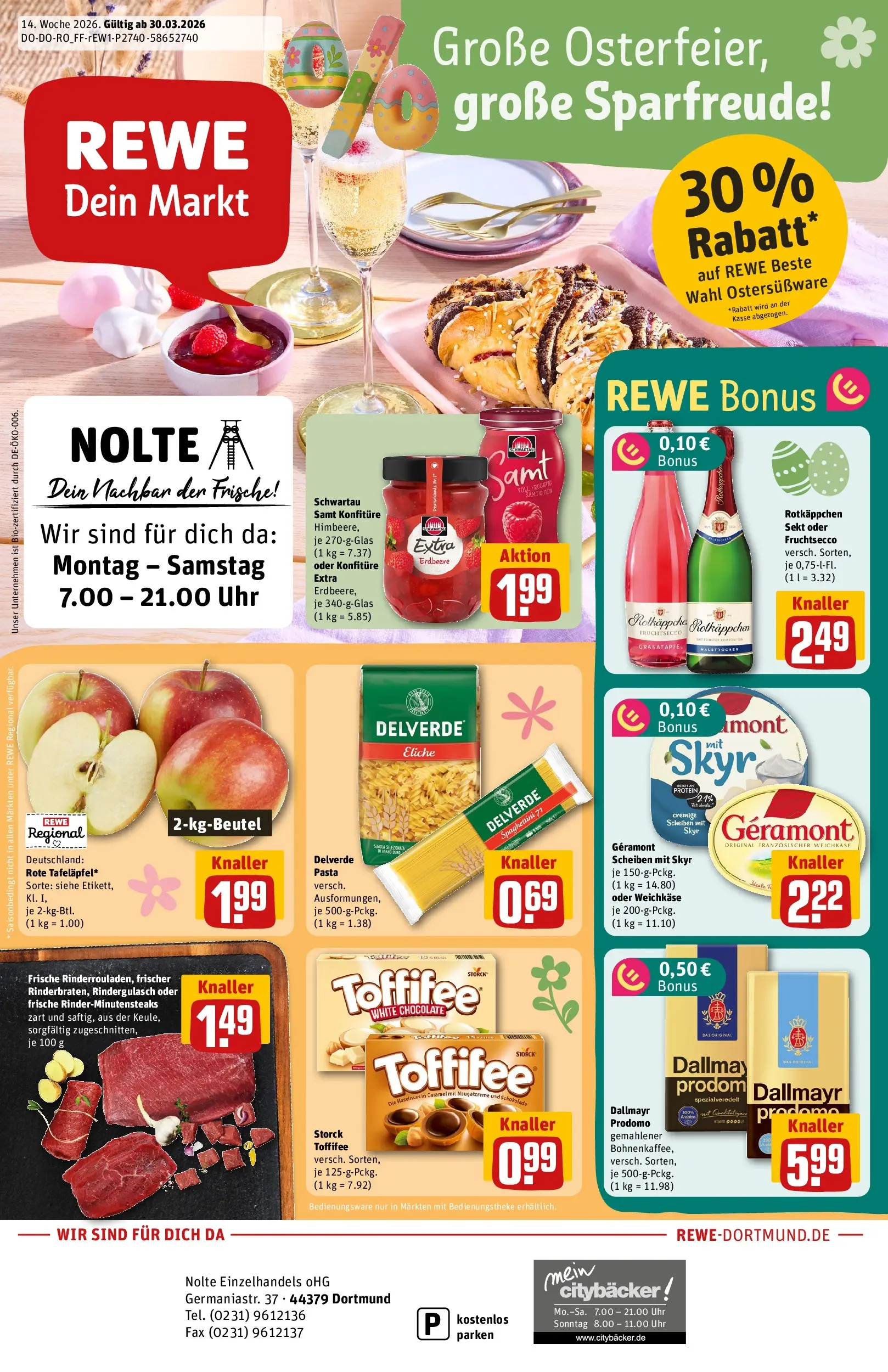REWE Prospekt ab 30.03.2026 zum Blättern » Angebote | Seite: 1 | Produkte: Rotkappchen sekt, Toffifee, Pasta, Uhr