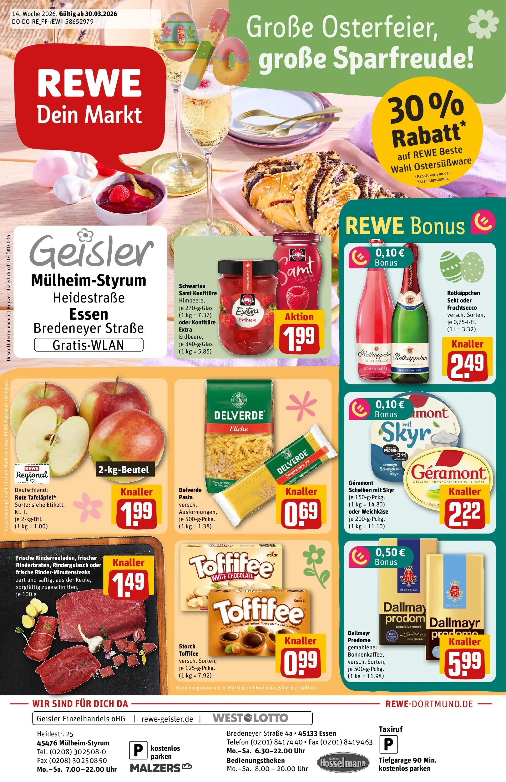 REWE Prospekt ab 30.03.2026 zum Blättern » Angebote | Seite: 1 | Produkte: Rindergulasch, Dallmayr, Himbeere, Rotkäppchen