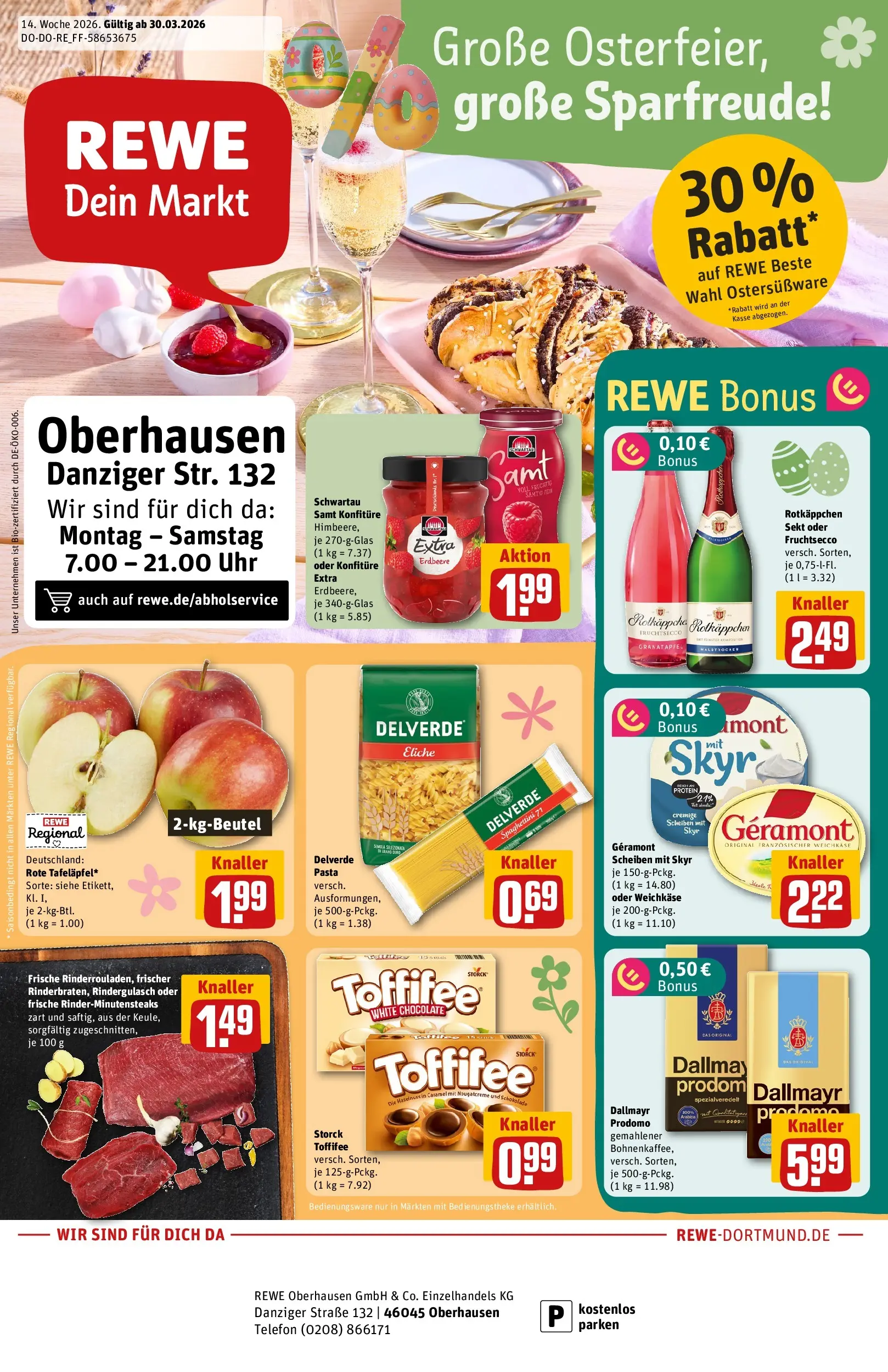 REWE Prospekt ab 30.03.2026 zum Blättern » Angebote | Seite: 1 | Produkte: Rotkappchen sekt, Schokolade, Dallmayr prodomo, Uhr