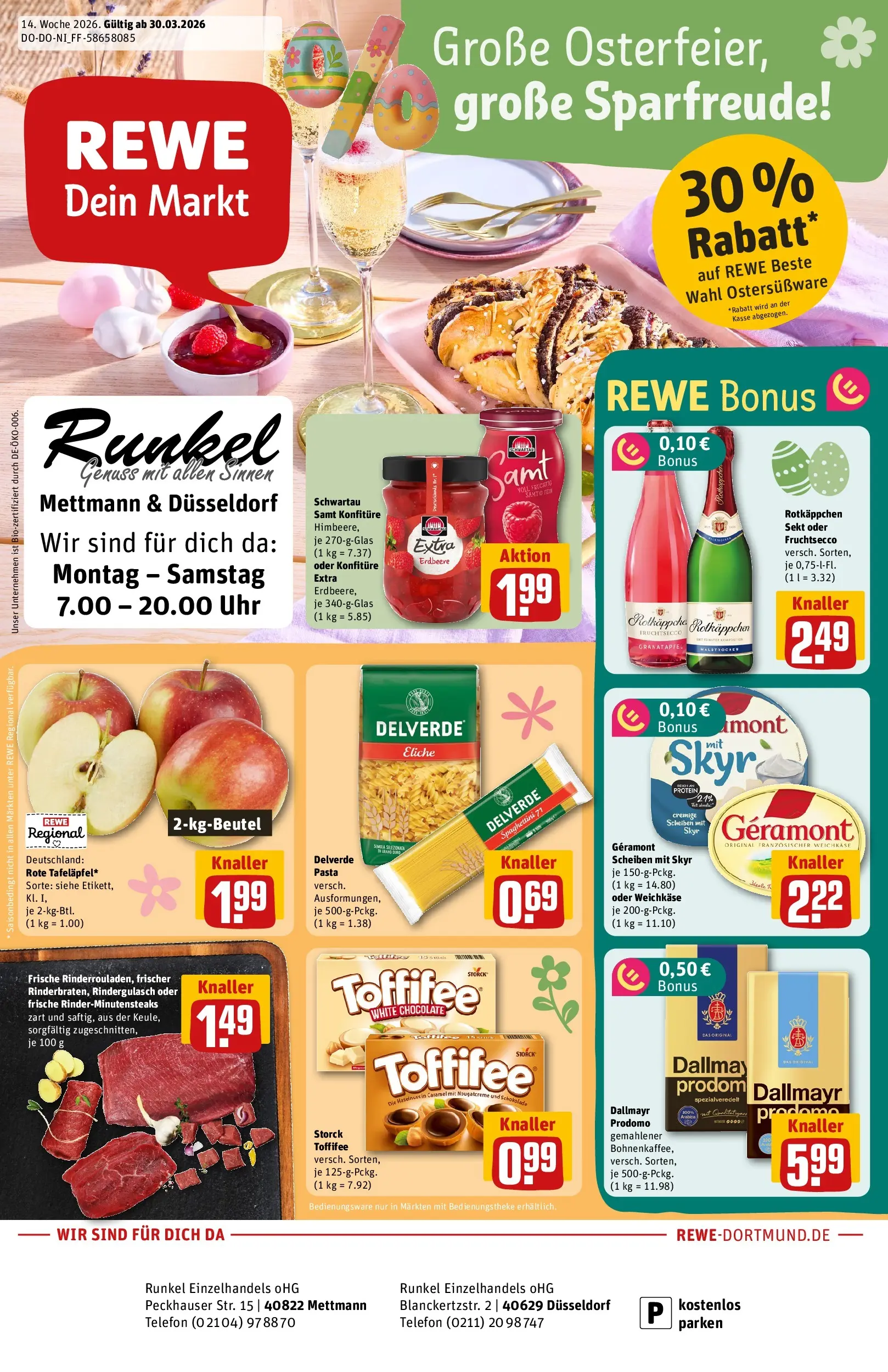 REWE Prospekt ab 30.03.2026 zum Blättern » Angebote | Seite: 1 | Produkte: Schokolade, Sekt, Pasta, Telefon