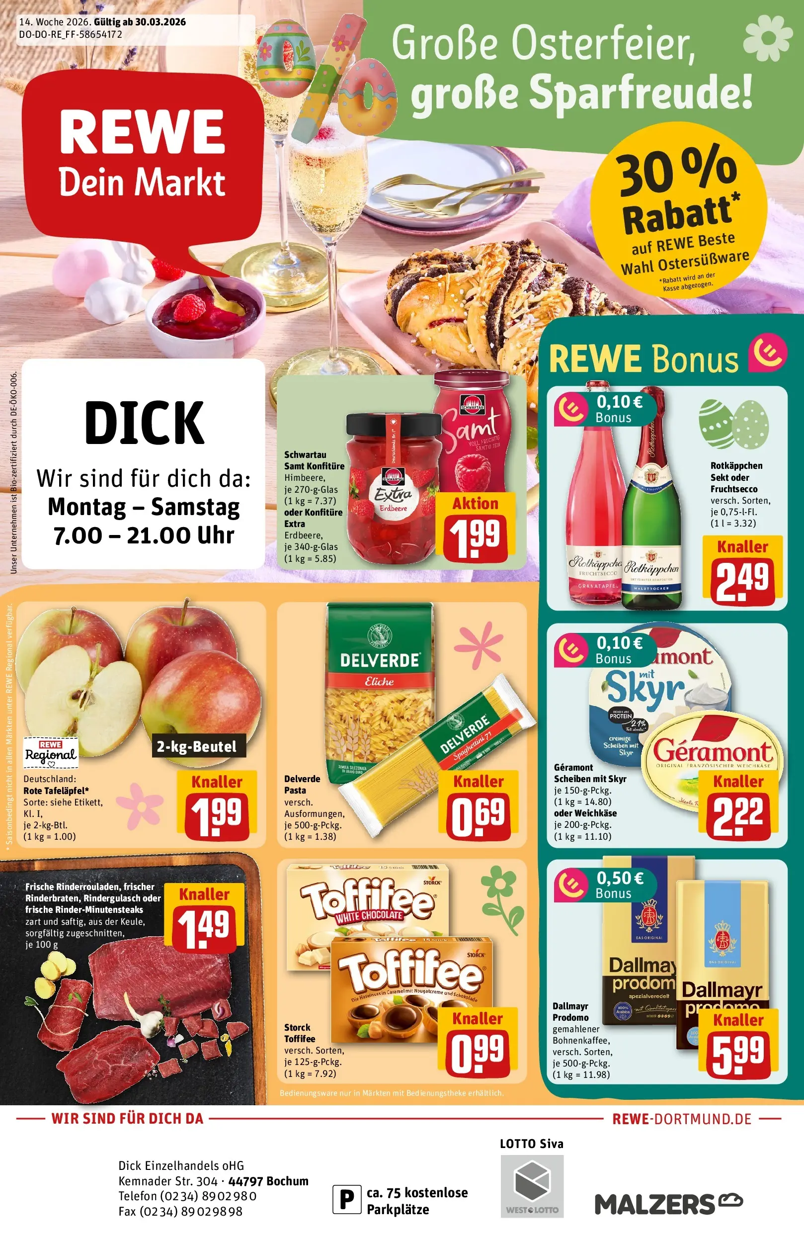 REWE Prospekt ab 30.03.2026 zum Blättern » Angebote | Seite: 1 | Produkte: Granatapfel, Sekt, Fruchtsecco, Toffifee