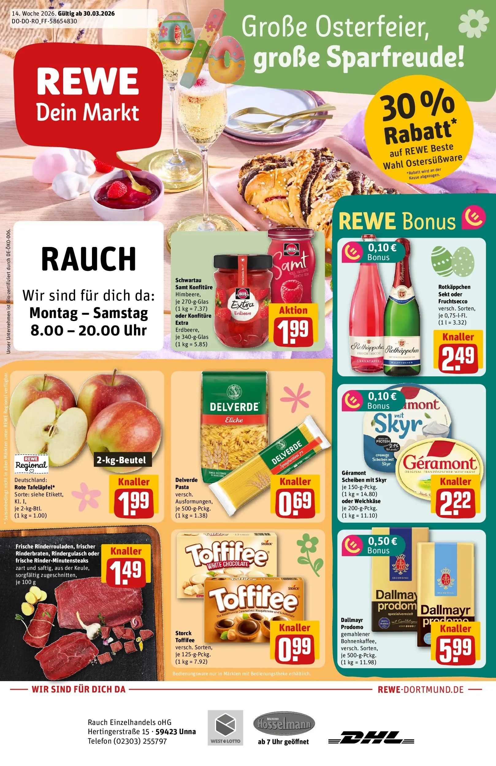 REWE Prospekt ab 30.03.2026 zum Blättern » Angebote | Seite: 1 | Produkte: Rindergulasch, Granatapfel, Fruchtsecco, Pasta