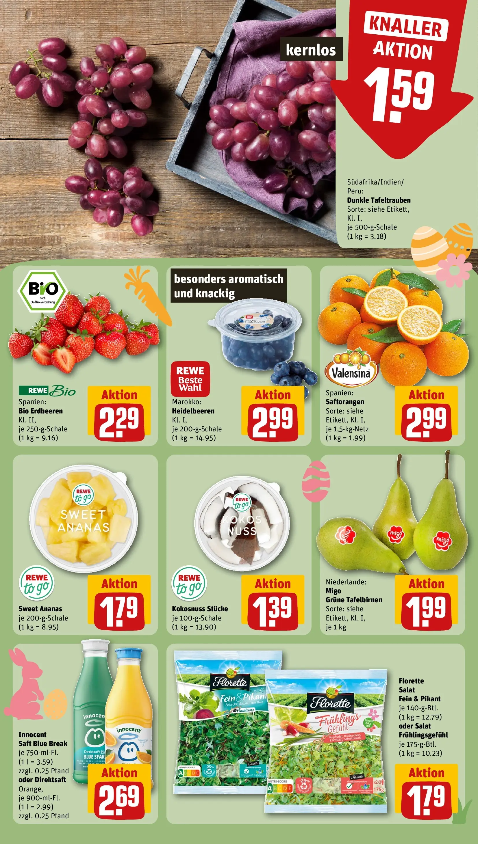 REWE Prospekt ab 30.03.2026 zum Blättern » Angebote | Seite: 10 | Produkte: Rucola, Heidelbeeren, Valensina, Saft