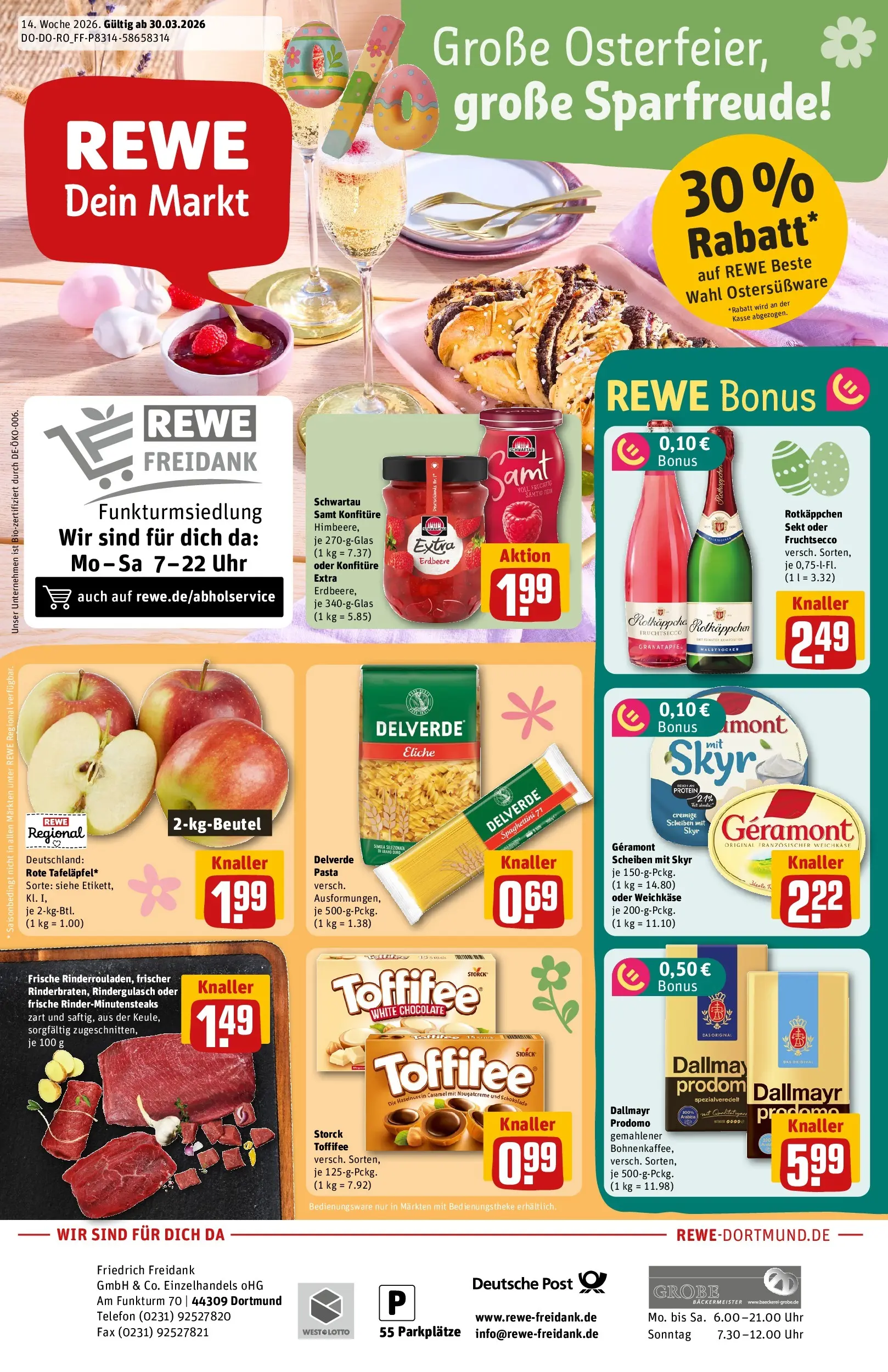 REWE Prospekt ab 30.03.2026 zum Blättern » Angebote | Seite: 1 | Produkte: Granatapfel, Sekt, Dallmayr prodomo, Uhr