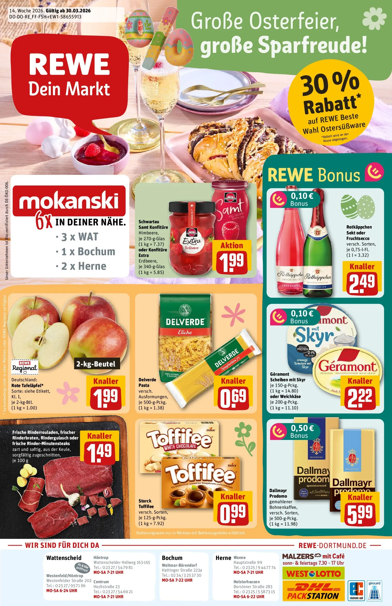 REWE Prospekt ab 30.03.2026 zum Blättern » Angebote | Seite: 1 | Produkte: Schokolade, Fruchtsecco, Dallmayr, Pasta