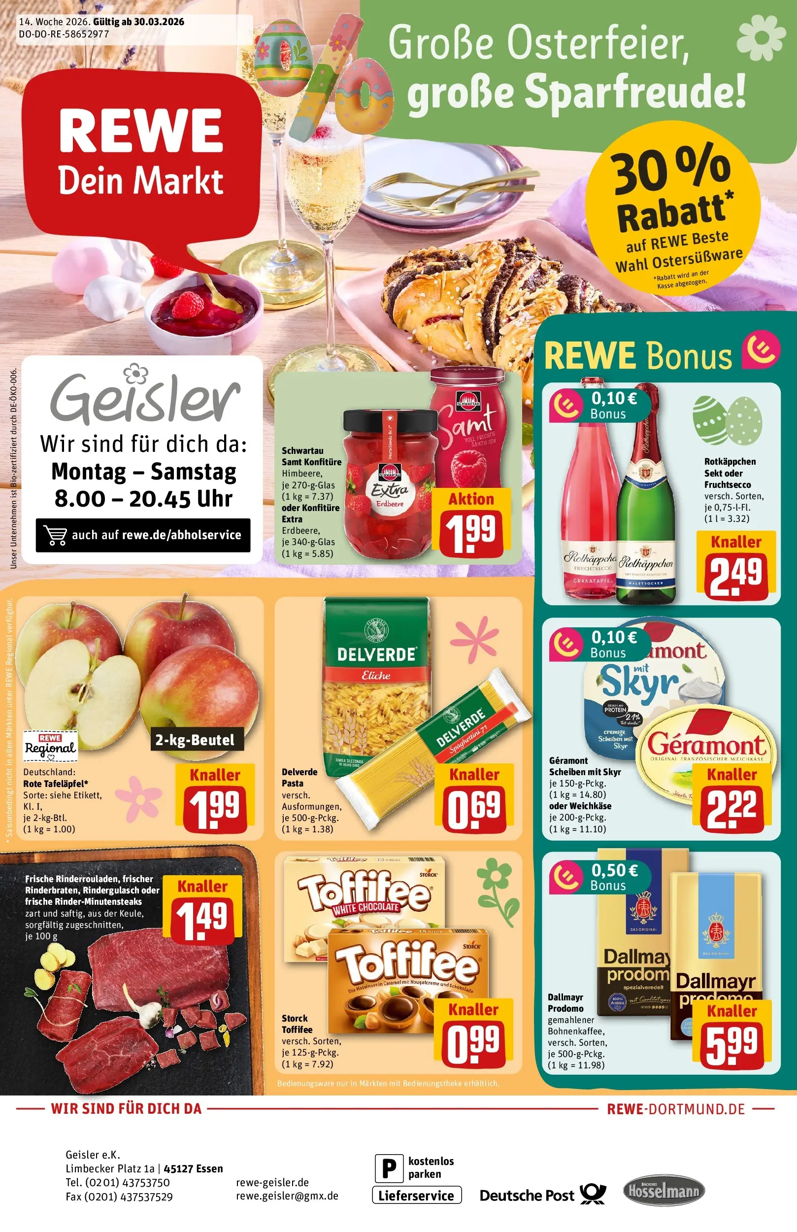 REWE Prospekt ab 30.03.2026 zum Blättern » Angebote | Seite: 1 | Produkte: Rindergulasch, Granatapfel, Sekt, Dallmayr