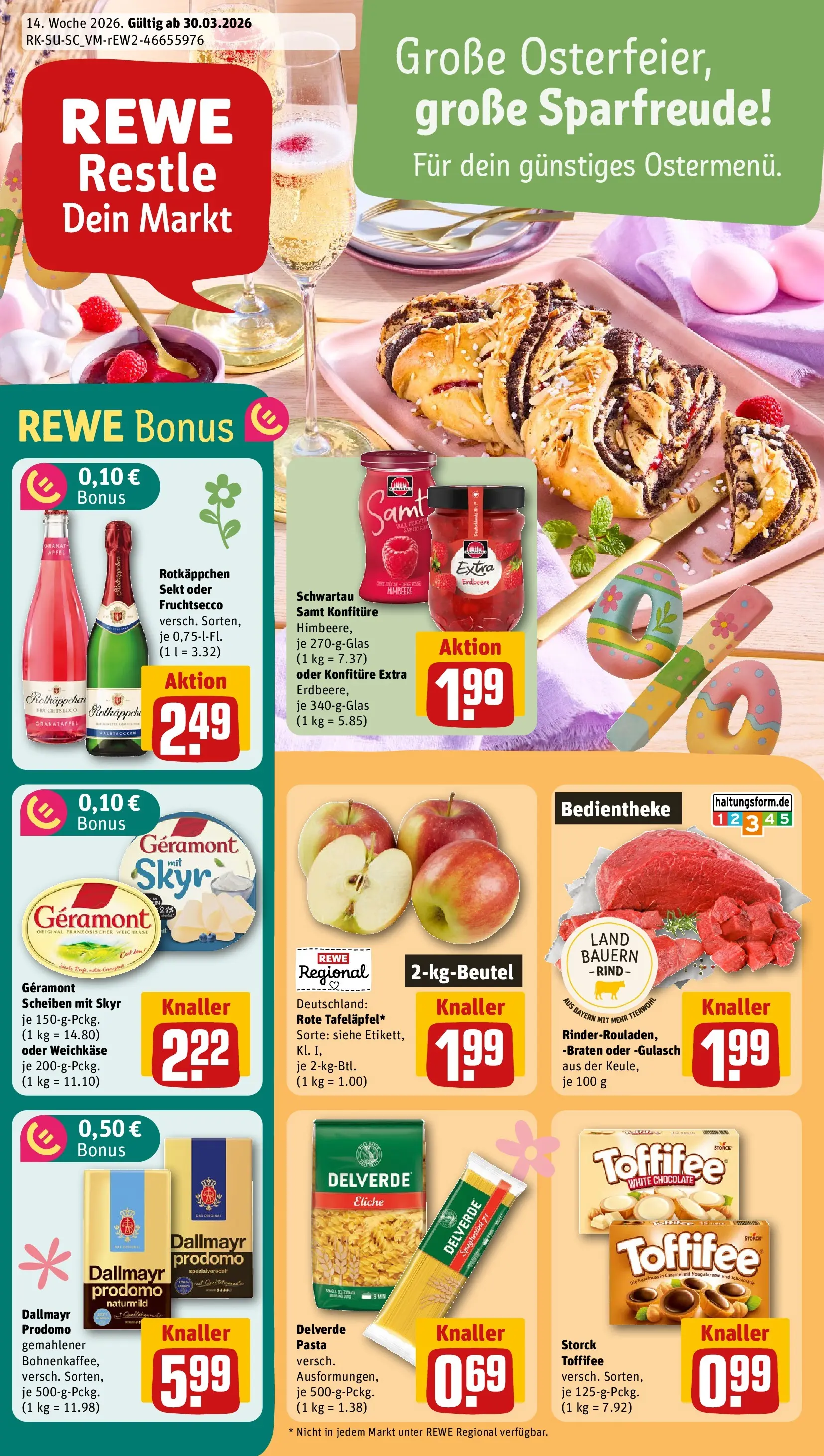 REWE Prospekt ab 30.03.2026 zum Blättern » Angebote | Seite: 1 | Produkte: Rotkappchen sekt, Schwartau samt, Dallmayr, Dallmayr prodomo