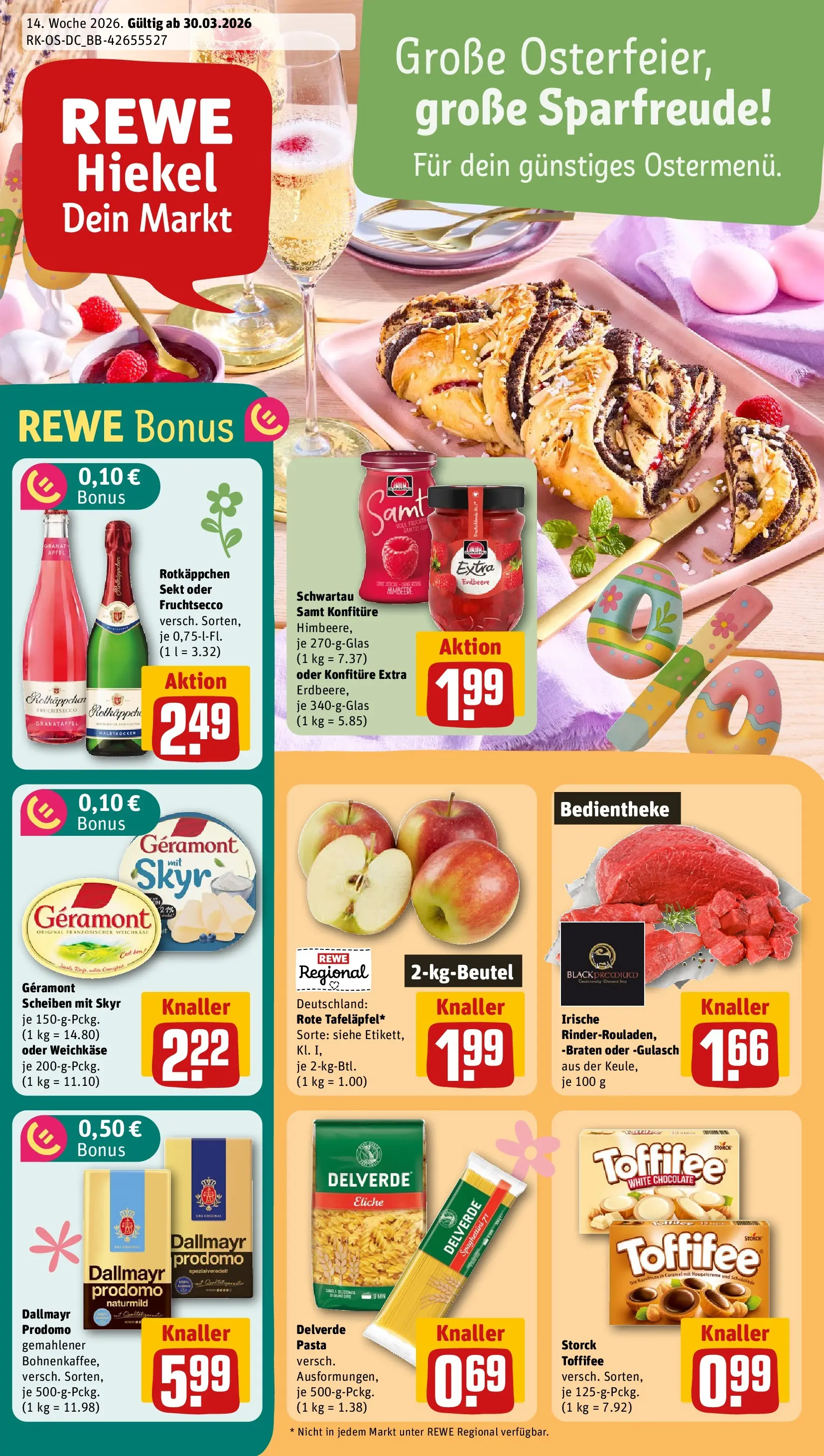 REWE Prospekt ab 30.03.2026 zum Blättern » Angebote | Seite: 1 | Produkte: Rotkappchen sekt, Granatapfel, Dallmayr, Pasta