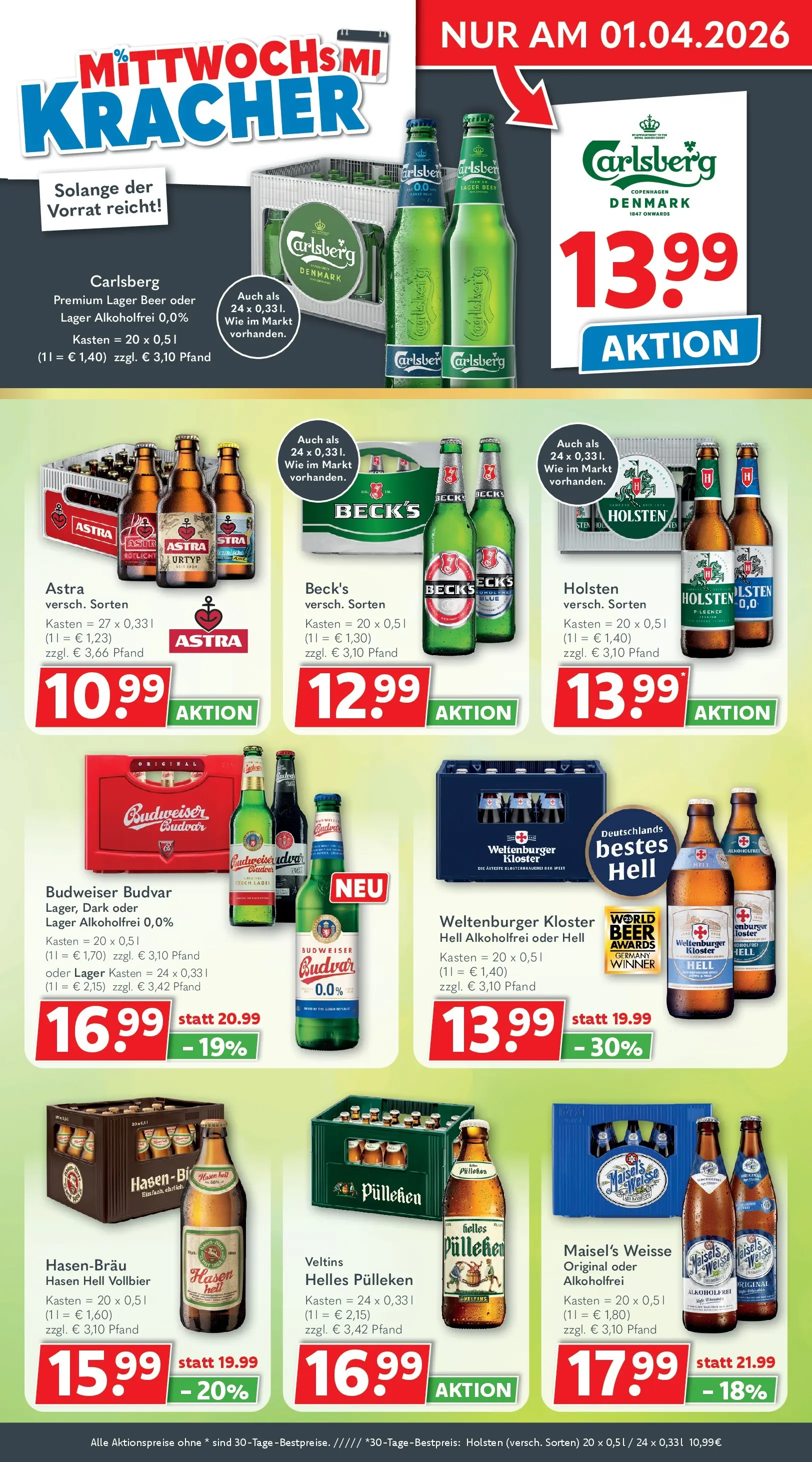 Getränkeland Prospekt Neustrelitz (ab 30.03.2026) zum Blättern | Seite: 2 | Produkte: Helles pulleken, Astra, Holsten, Budweiser