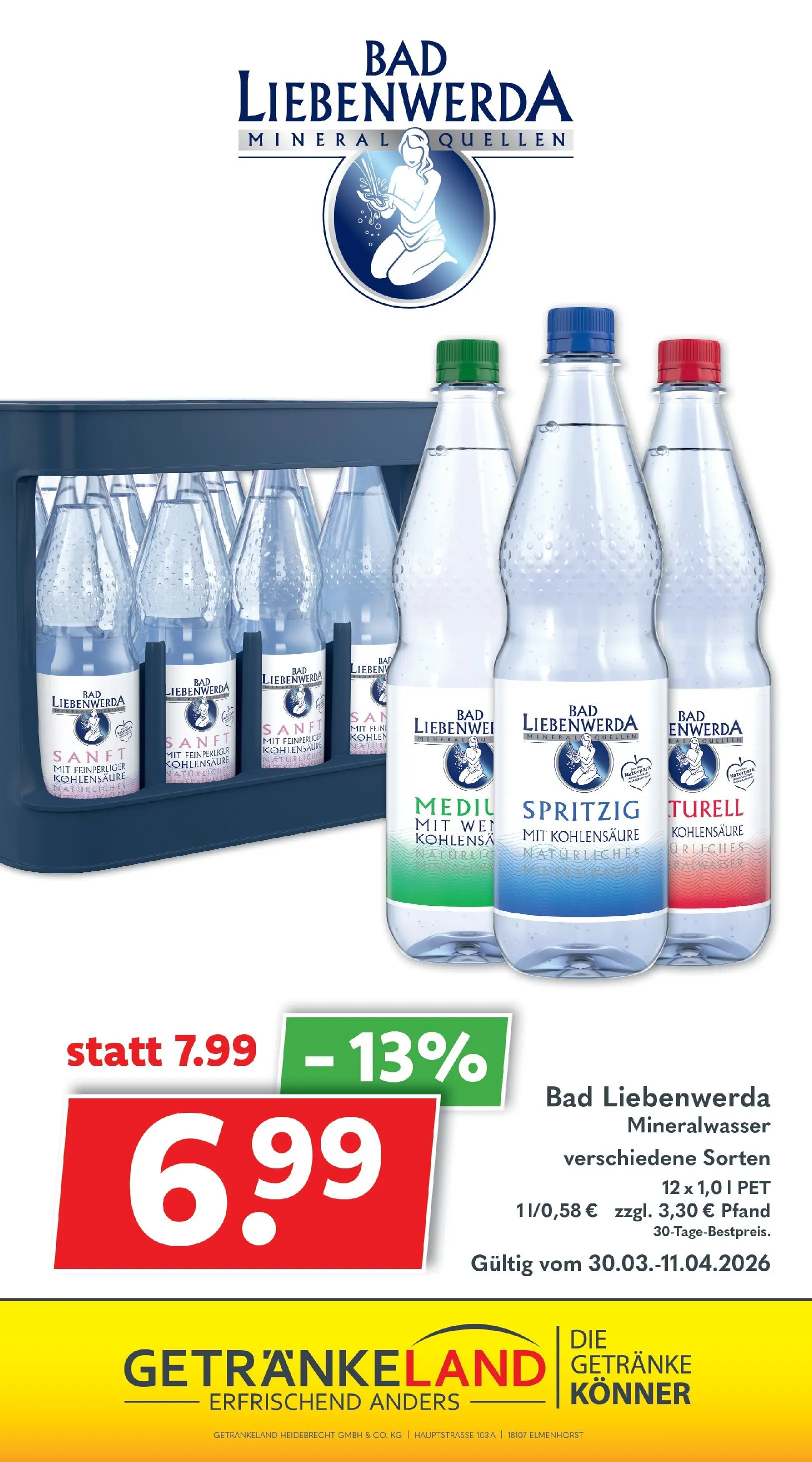 Getränkeland Prospekt Neustrelitz (ab 30.03.2026) zum Blättern | Seite: 13 | Produkte: Bad, Mineralwasser