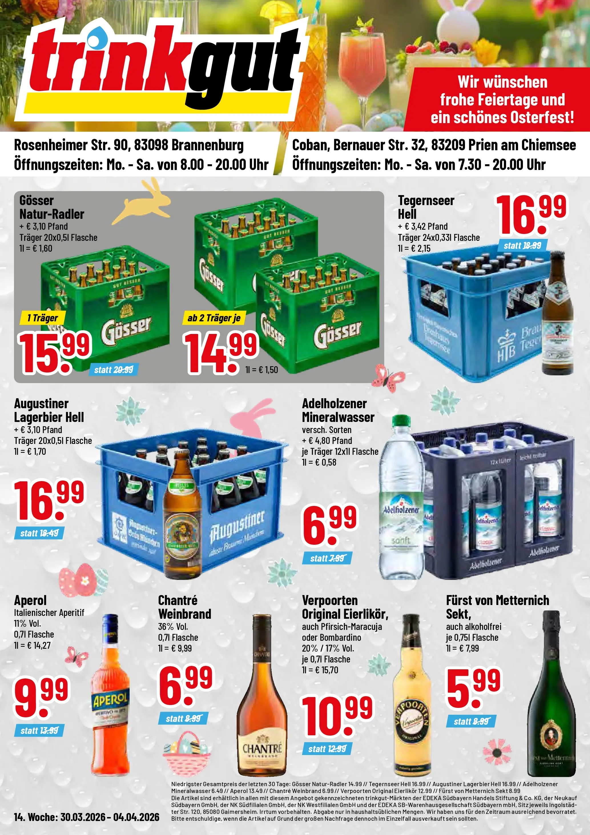 Trinkgut Prospekt Brannenburg	 (ab 30.03.2026) » Angebote online | Seite: 1 | Produkte: Furst von metternich, Sekt, Adelholzener, Mineralwasser