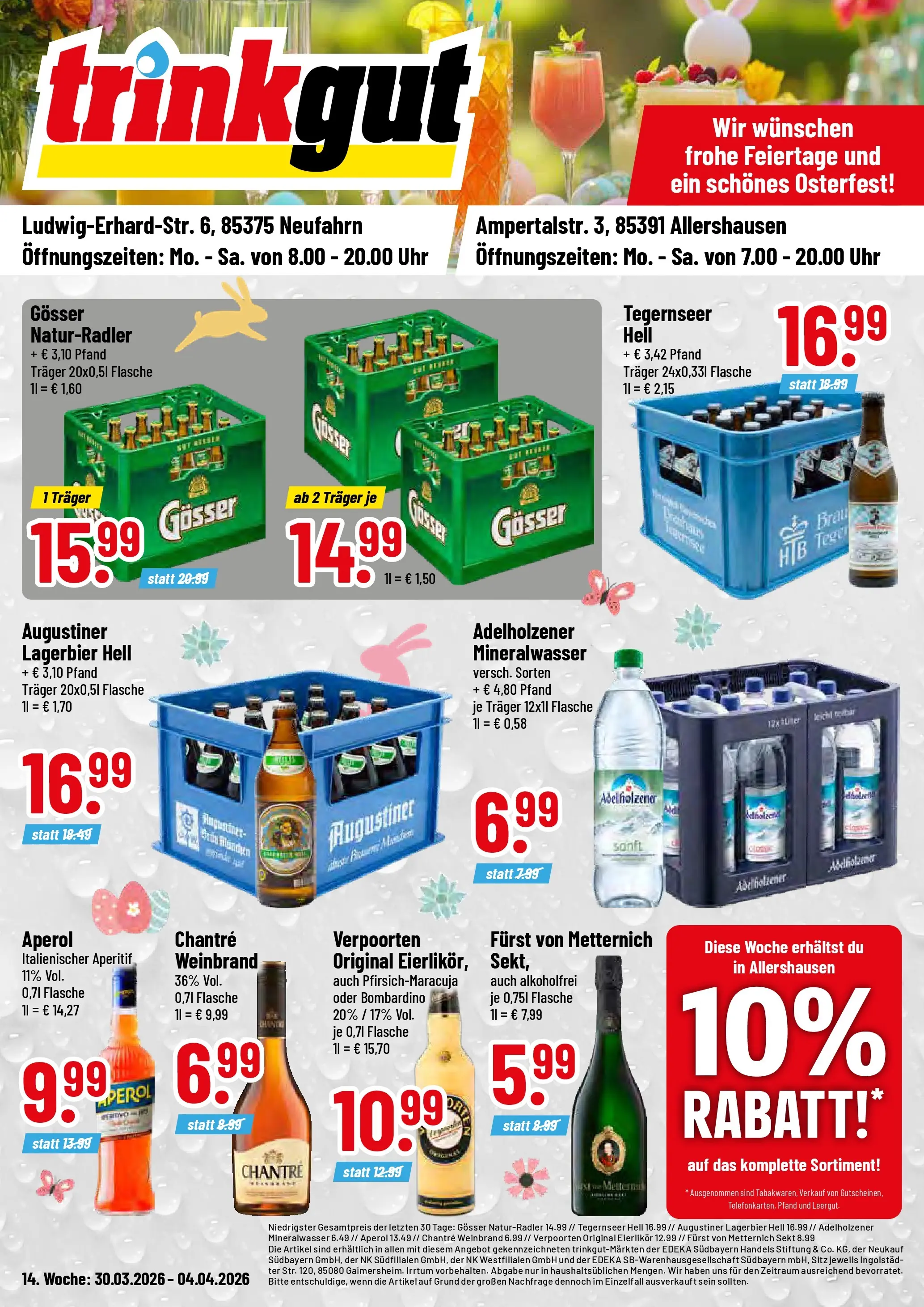 Trinkgut Prospekt Allershausen	 (ab 30.03.2026) » Angebote online | Seite: 1 | Produkte: Furst von metternich, Adelholzener, Mineralwasser, Aperol