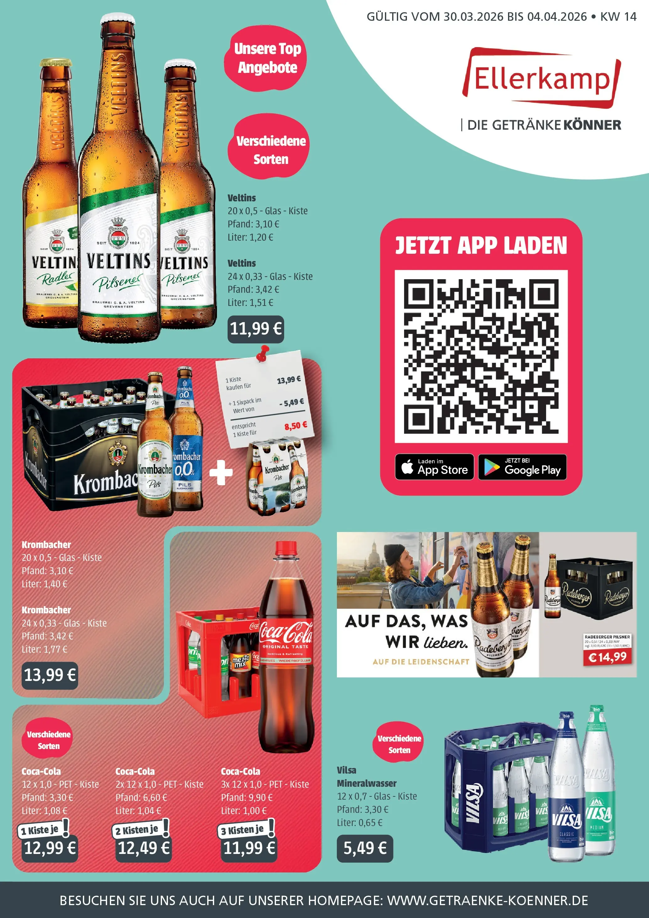 Angebote - Getränke Ellerkamp: Getränkeangebote (ab 29.03.2026) zum Blättern | Seite: 1 | Produkte: Top, Mineralwasser, Radler, Krombacher