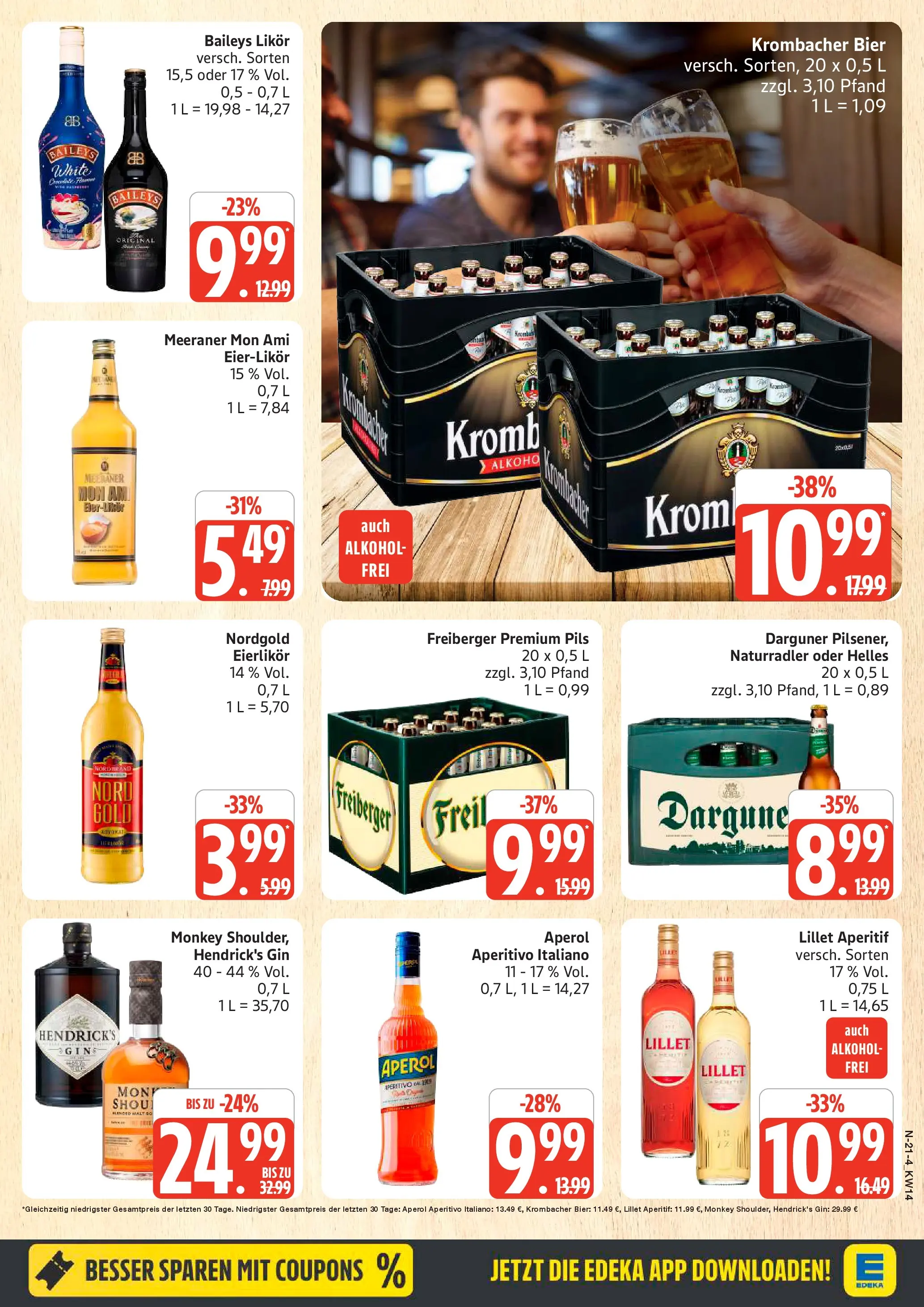 Edeka prospekt Rostock	 (ab 29.03.2026) » Angebote Online | Seite: 21 | Produkte: Baileys, Krombacher, Aperol, Gin