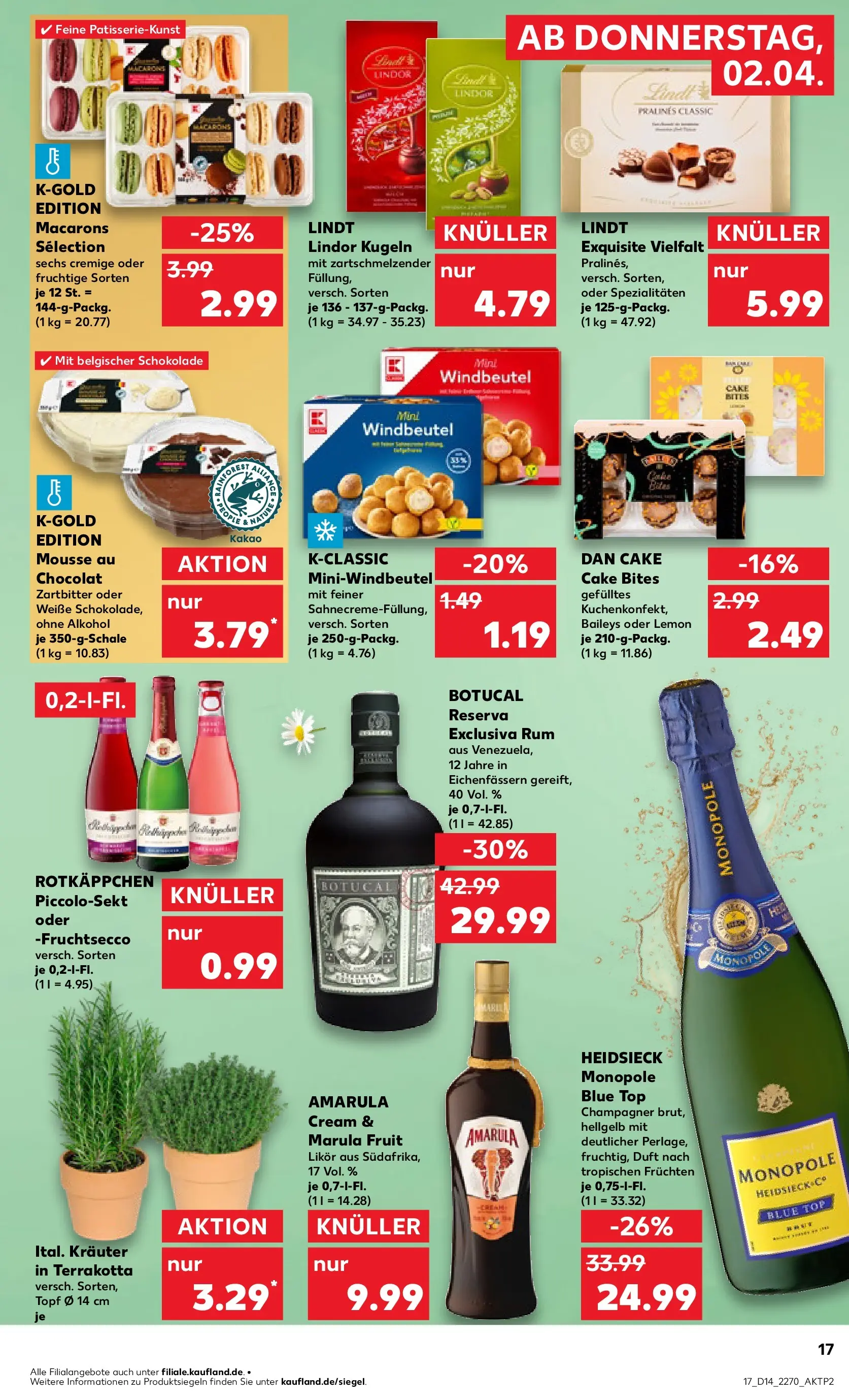 Prospekt Kaufland ab 02.04.2026 » Angebote Online zum Blättern | Seite: 17 | Produkte: Schokolade, Rum, Fruchtsecco, Baileys