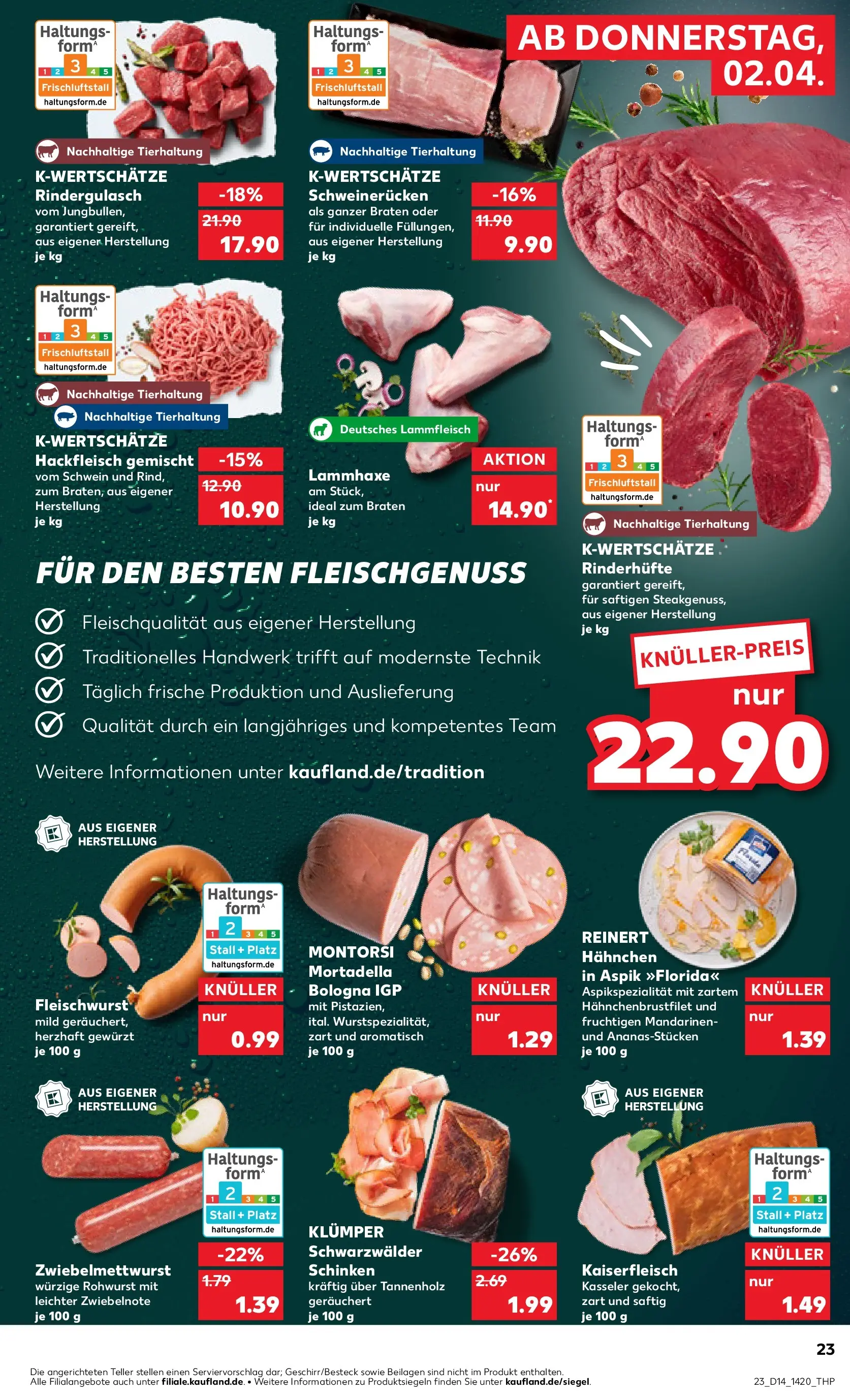 Prospekt Kaufland ab 02.04.2026 » Angebote Online zum Blättern | Seite: 23 | Produkte: Rindergulasch, Hahnchen, Mandarinen, Schinken