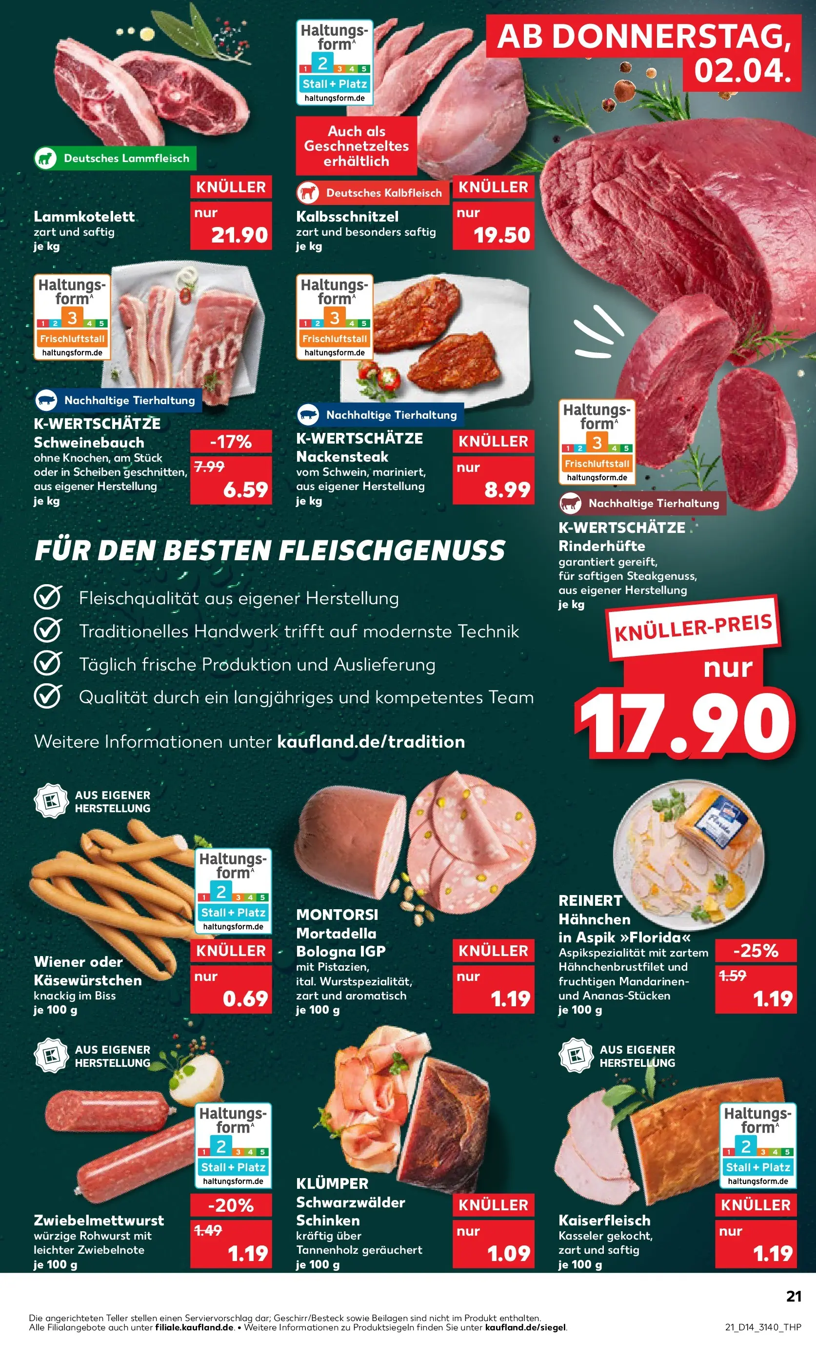Prospekt Kaufland ab 02.04.2026 » Angebote Online zum Blättern | Seite: 21 | Produkte: Hahnchen, Mandarinen, Schinken, Steak