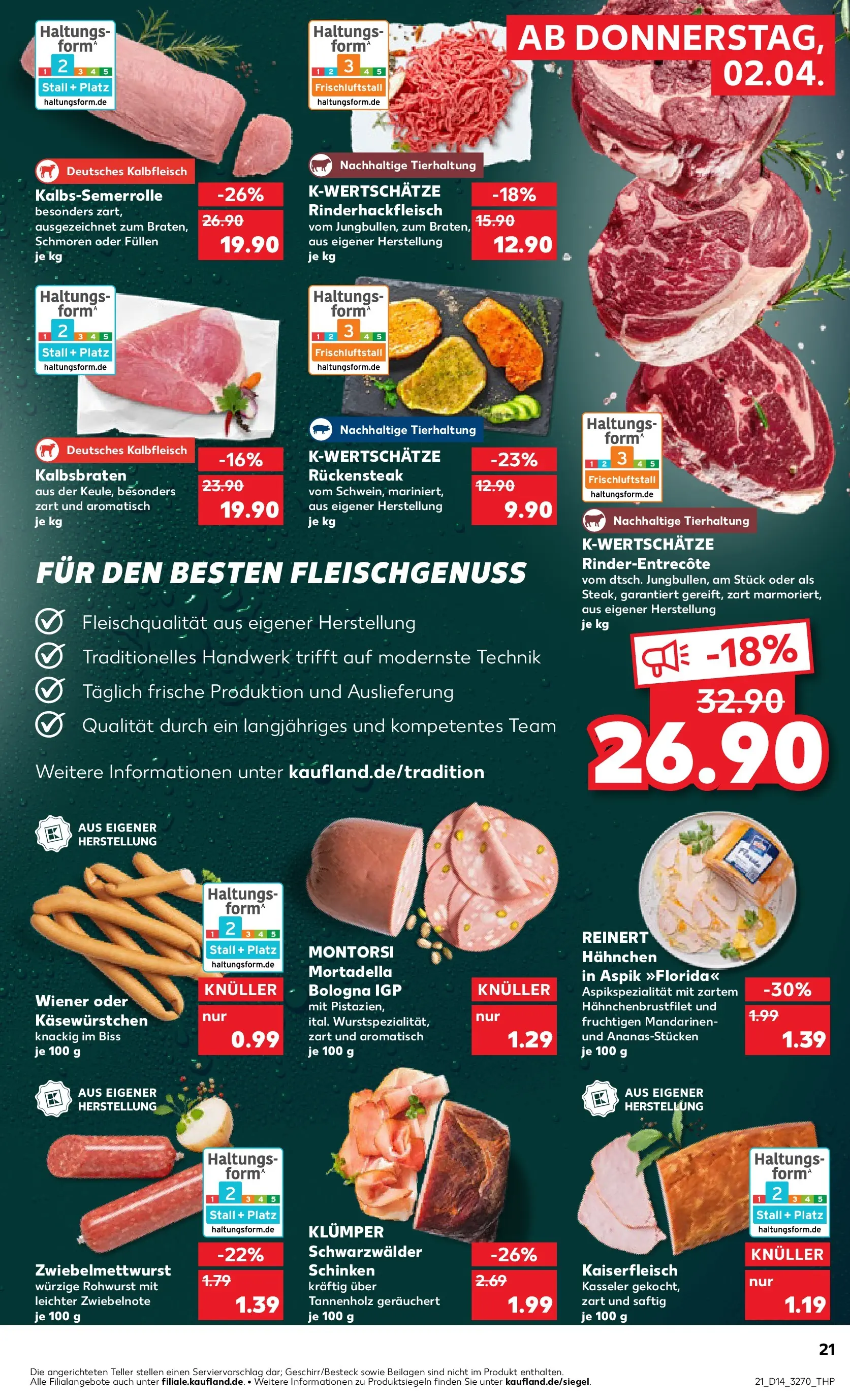 Prospekt Kaufland ab 02.04.2026 » Angebote Online zum Blättern | Seite: 21 | Produkte: Hahnchen, Entrecote, Schinken, Steak