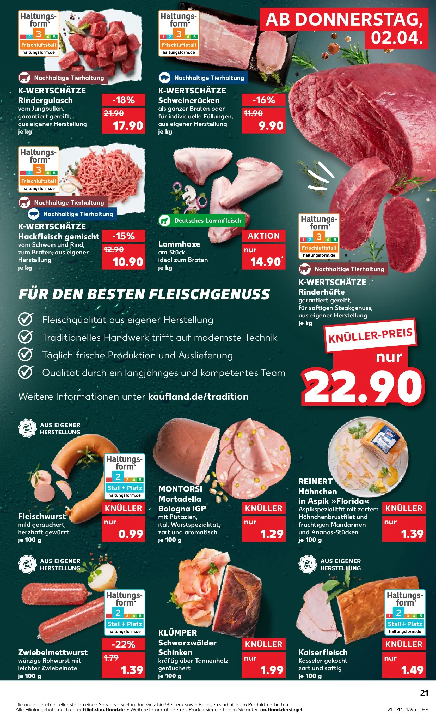 Prospekt Kaufland ab 01.04.2026 » Angebote Online zum Blättern | Seite: 21 | Produkte: Rindergulasch, Hahnchen, Schweinerucken, Hackfleisch
