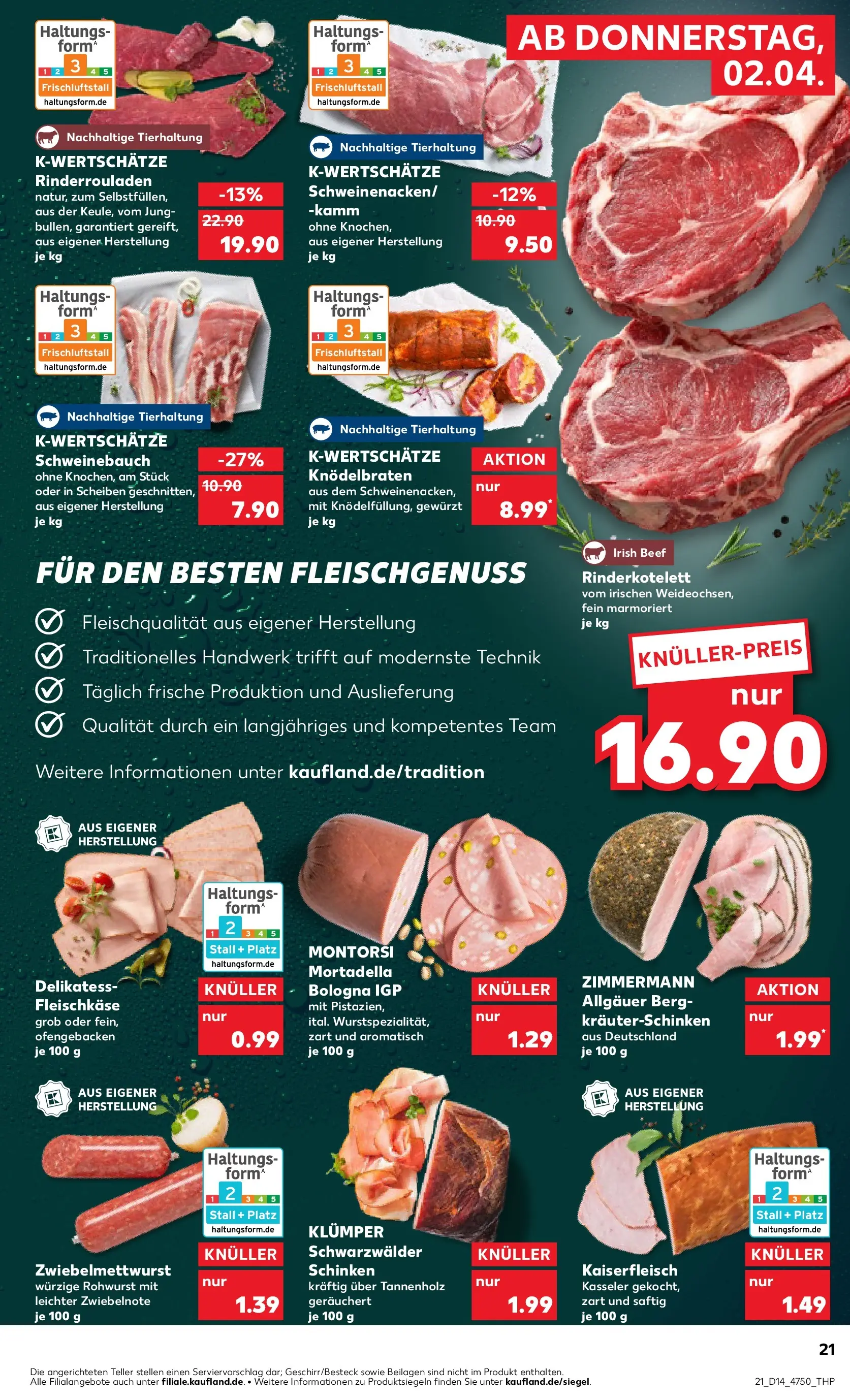 Prospekt Kaufland ab 02.04.2026 » Angebote Online zum Blättern | Seite: 21 | Produkte: Rinderrouladen, Schweinebauch, Schinken, Steak